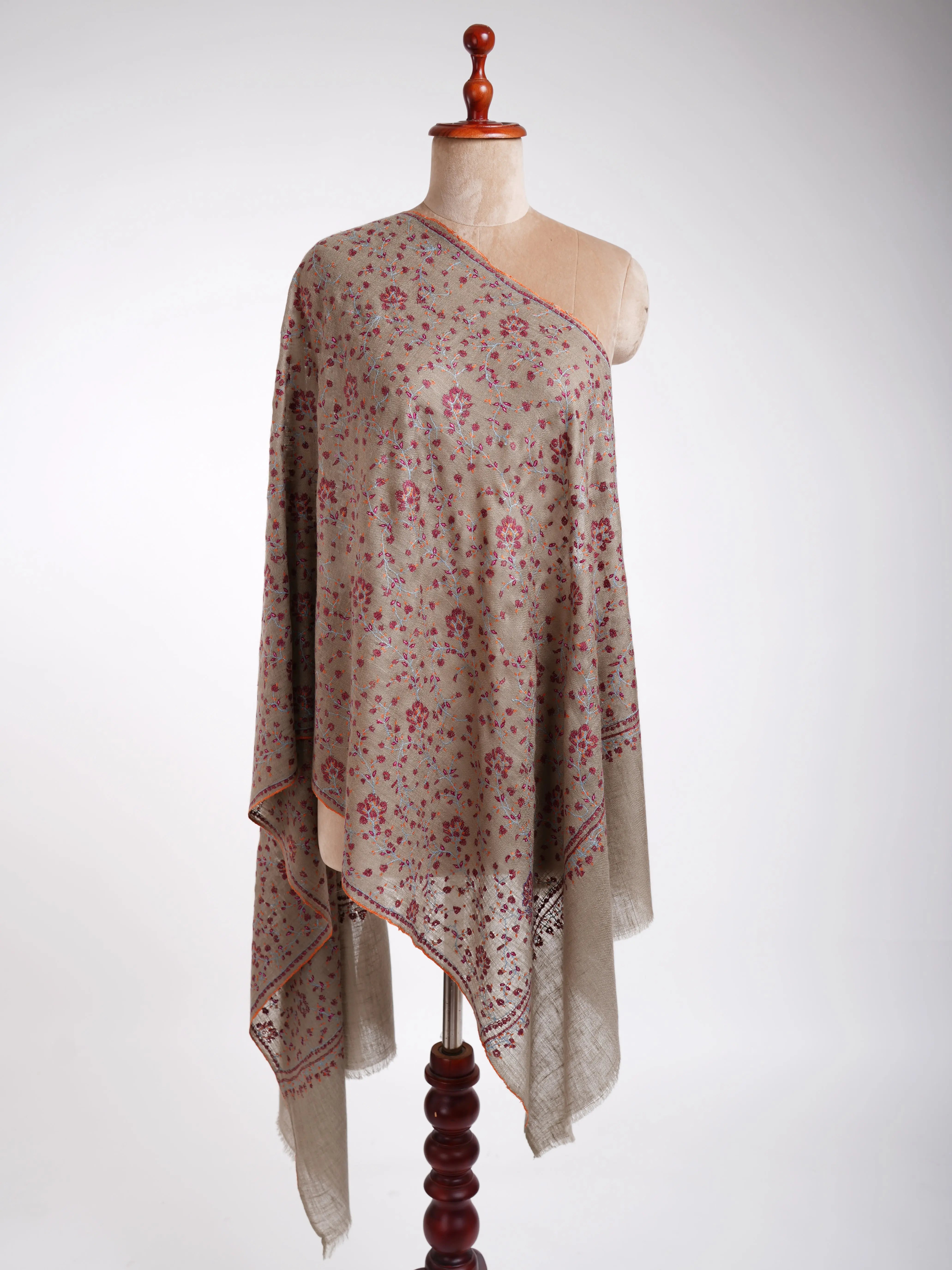 Sozni Embroidery Indian Cashmere Stole Smoke Shahkaar