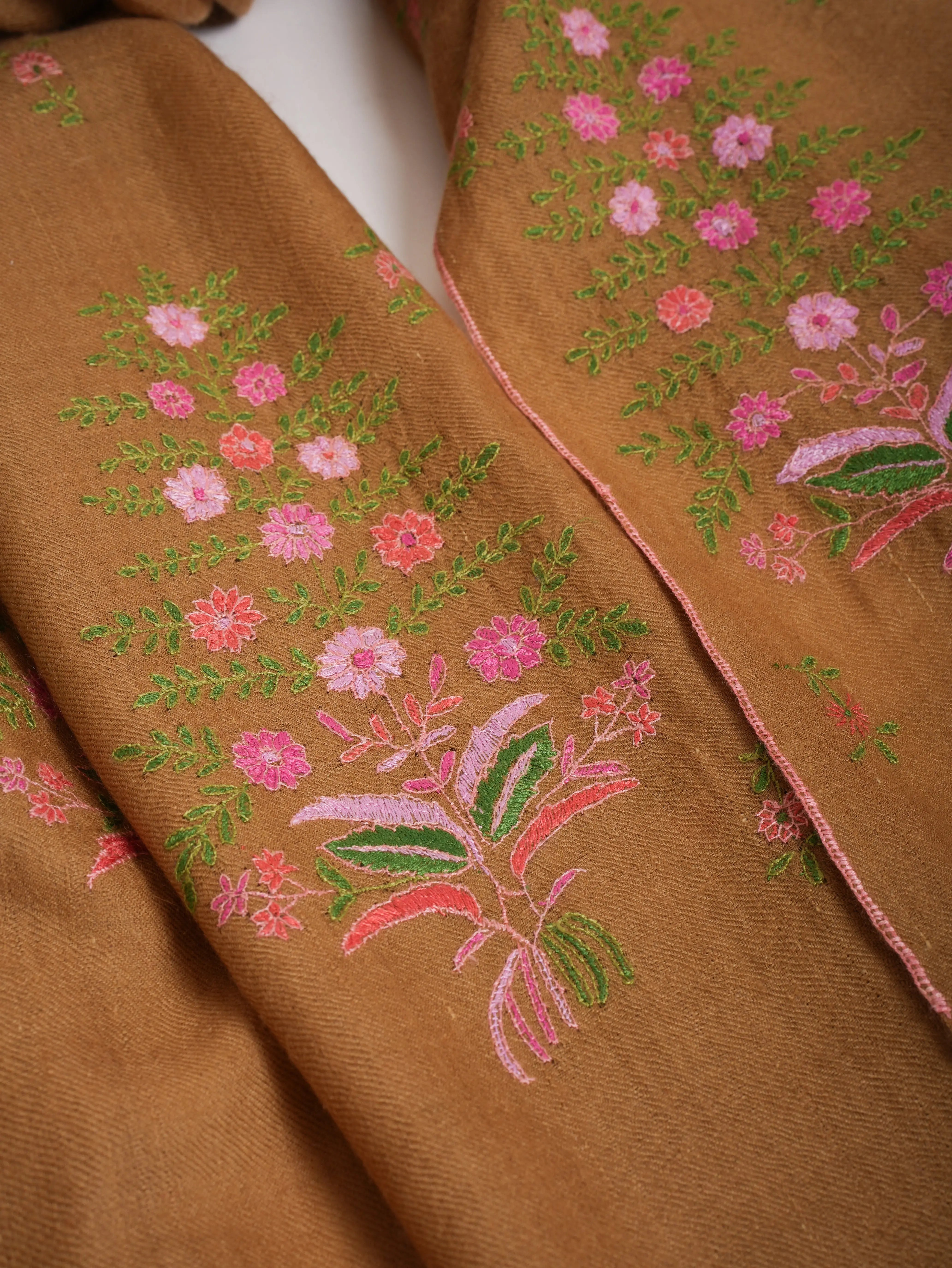 Sozni Hand Embroidered Indian Tan Cashmere Stole Shahkaar