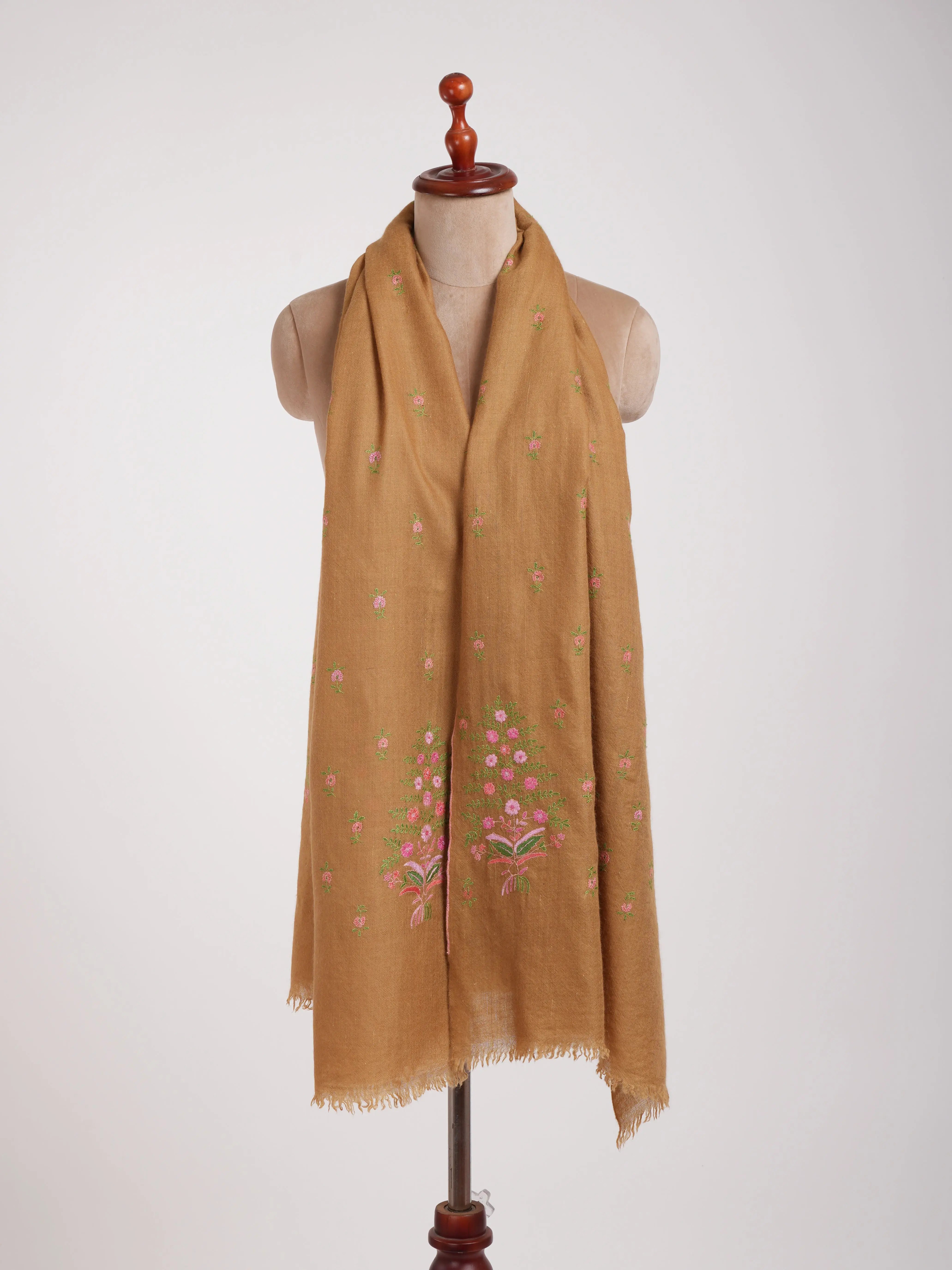 Sozni Hand Embroidered Indian Tan Cashmere Stole Shahkaar