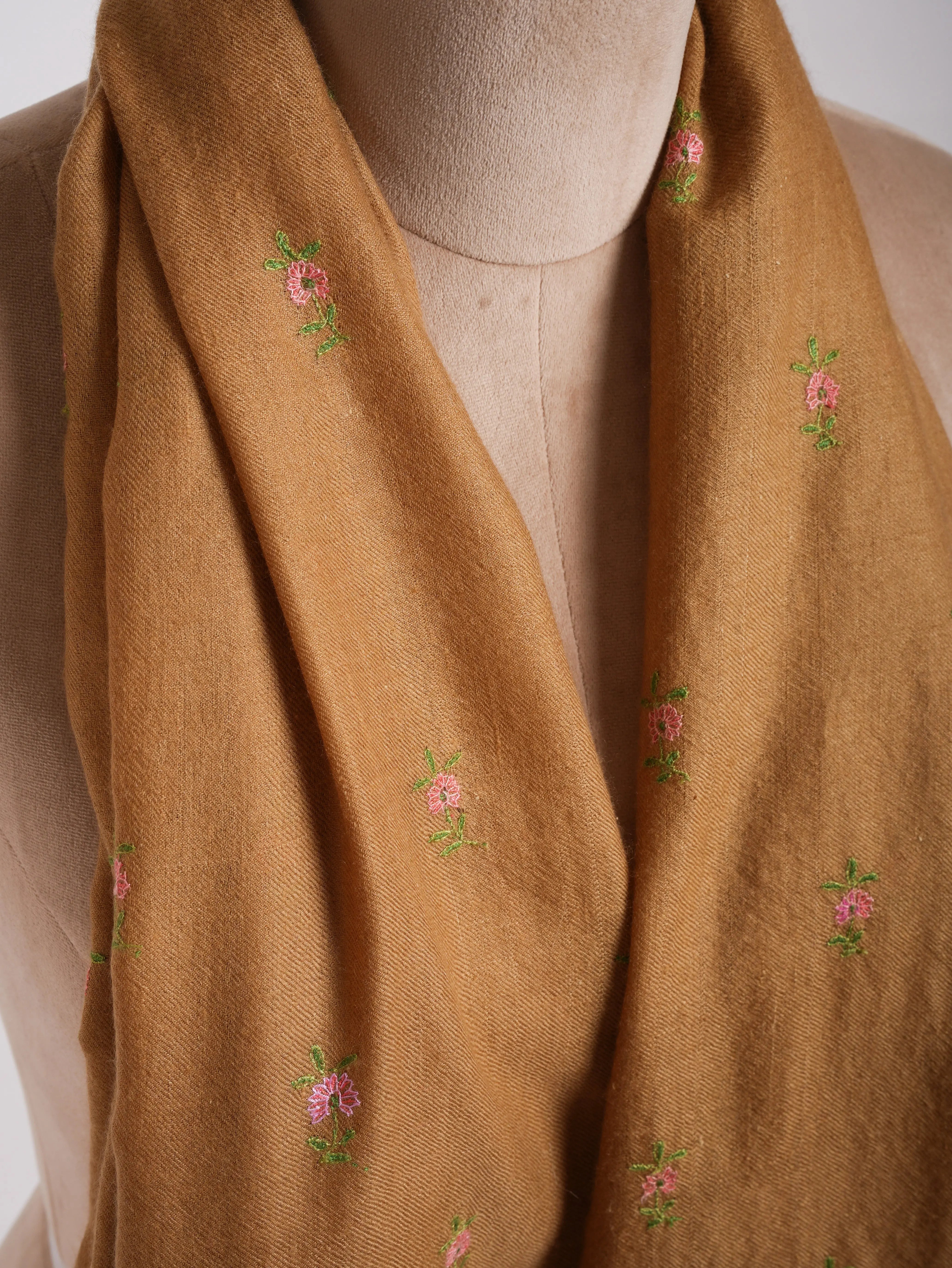 Sozni Hand Embroidered Indian Tan Cashmere Stole Shahkaar