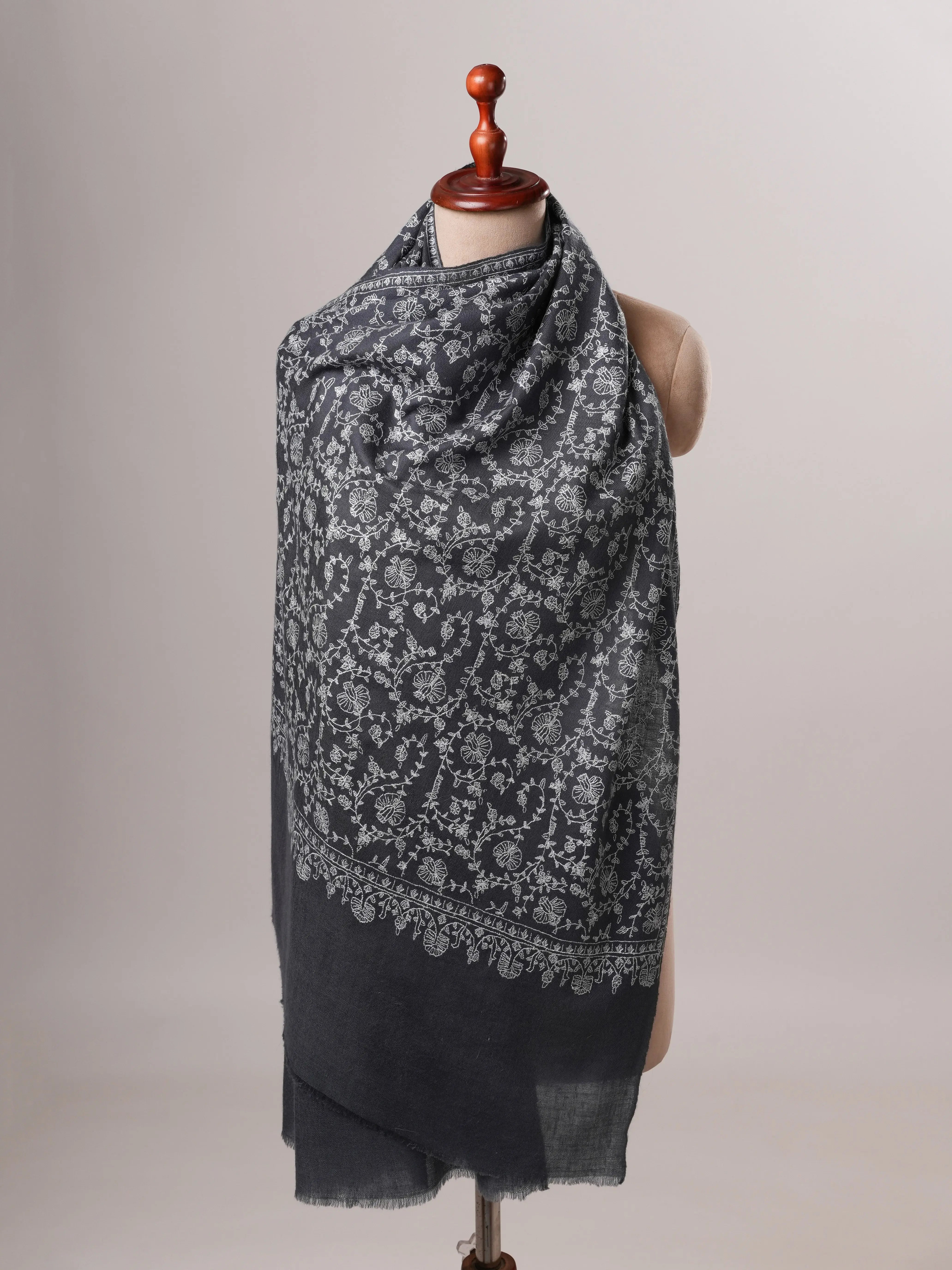 Steel Grey Cashmere Scarf with All Over Hand Embroidery Shahkaar