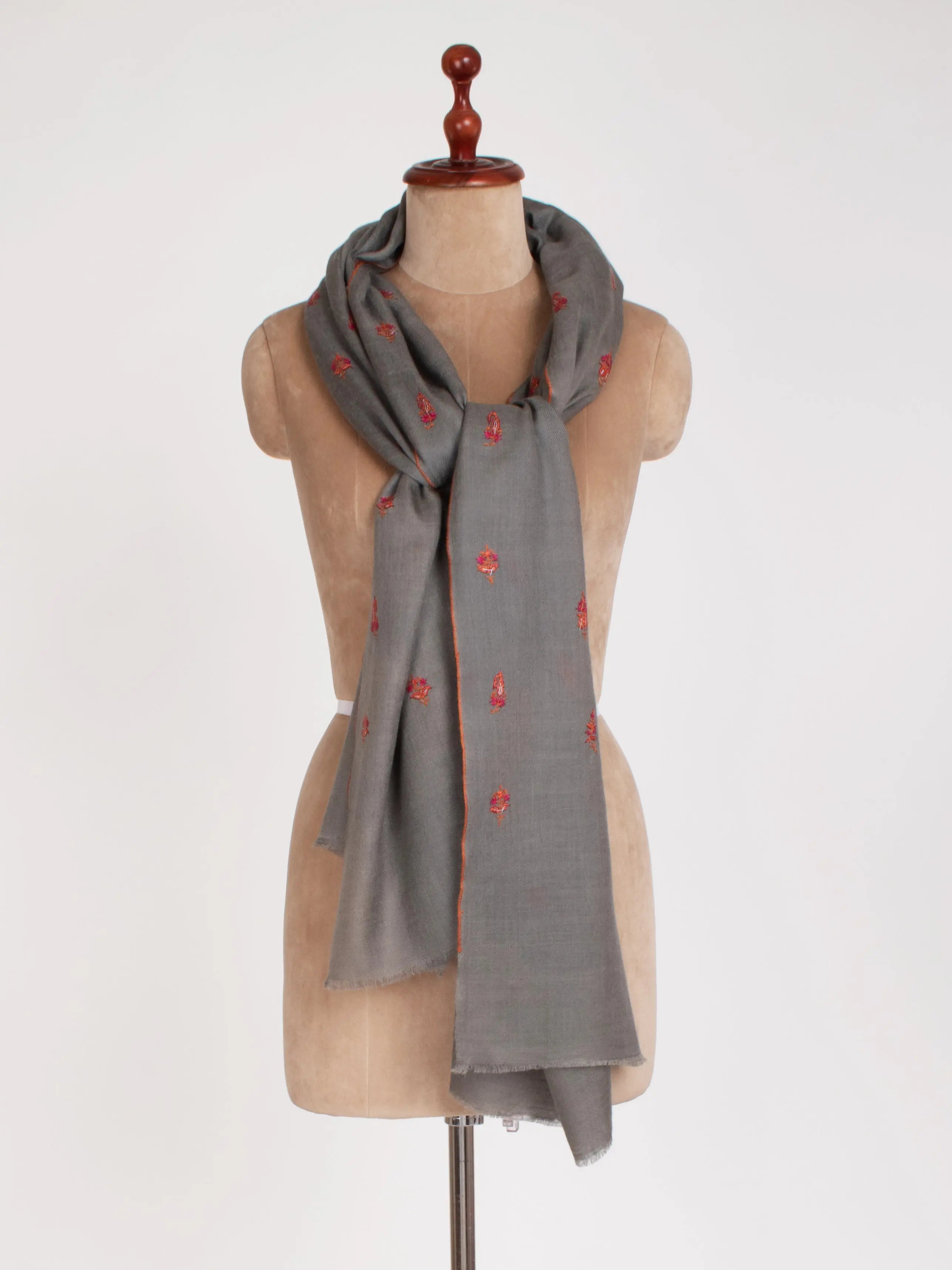 Steel Grey Paisley Embroidered Motif Cashmere Scarf Shahkaar