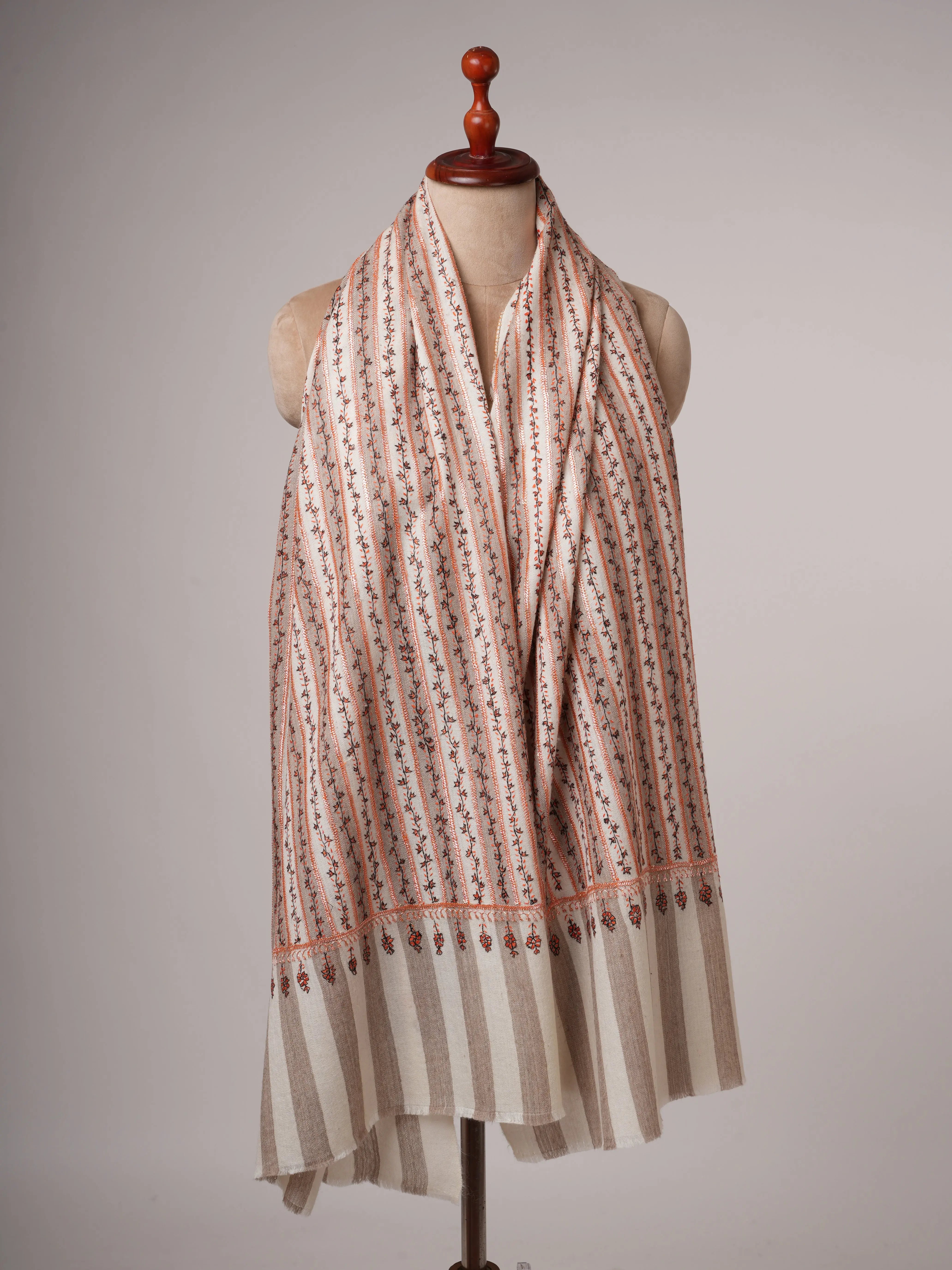 Striped Fine Wool Shawl with Hand Tilla Embroidery Shahkaar