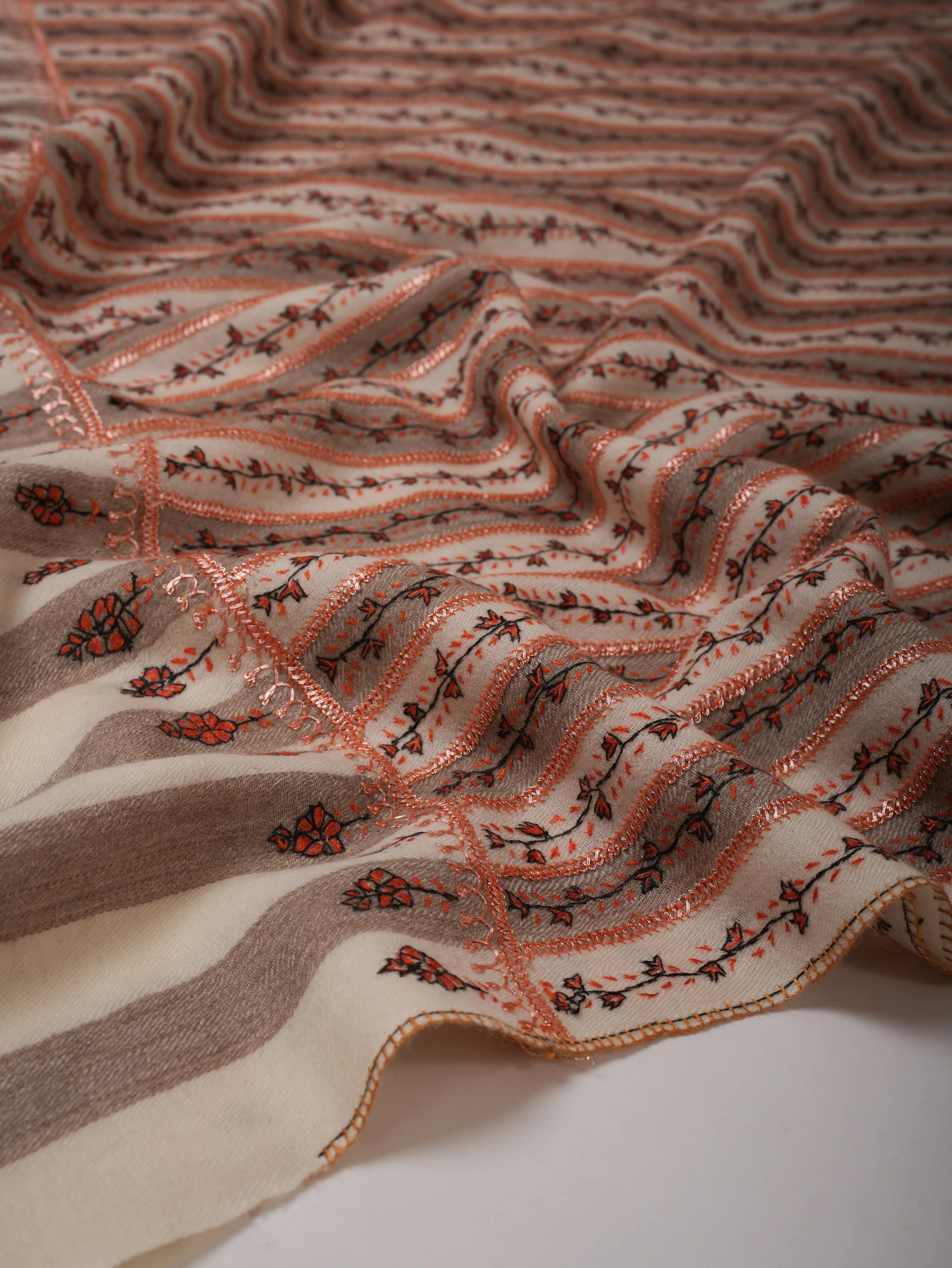 Striped Fine Wool Shawl with Hand Tilla Embroidery Shahkaar