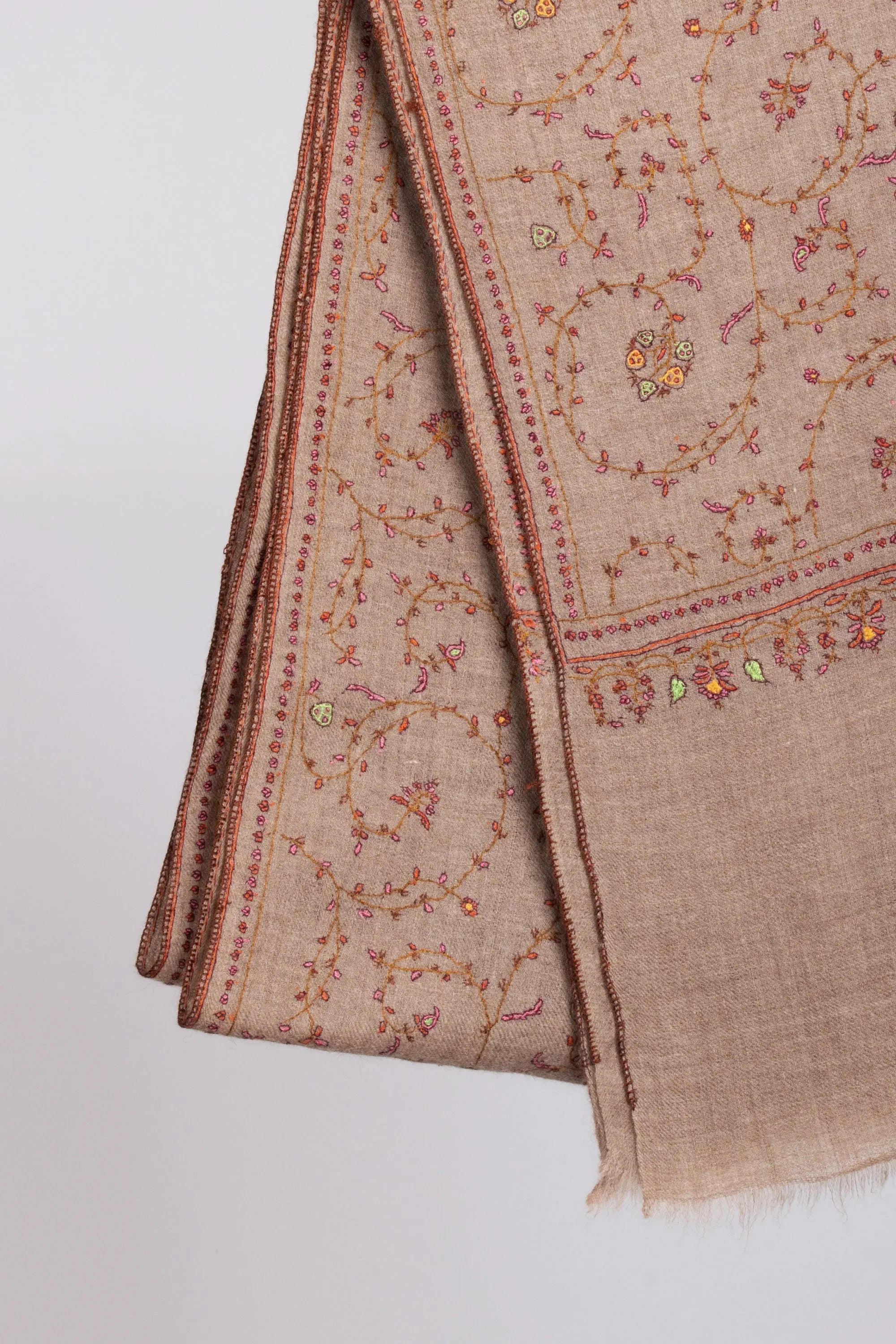 Taupe Natural Scarves, Super Soft Pashminas, Needlework Embroideries, Kashmiri Shawls, Spring Wraps, Goat Scarf, 28x80" - SAN MARINO Shahkaar