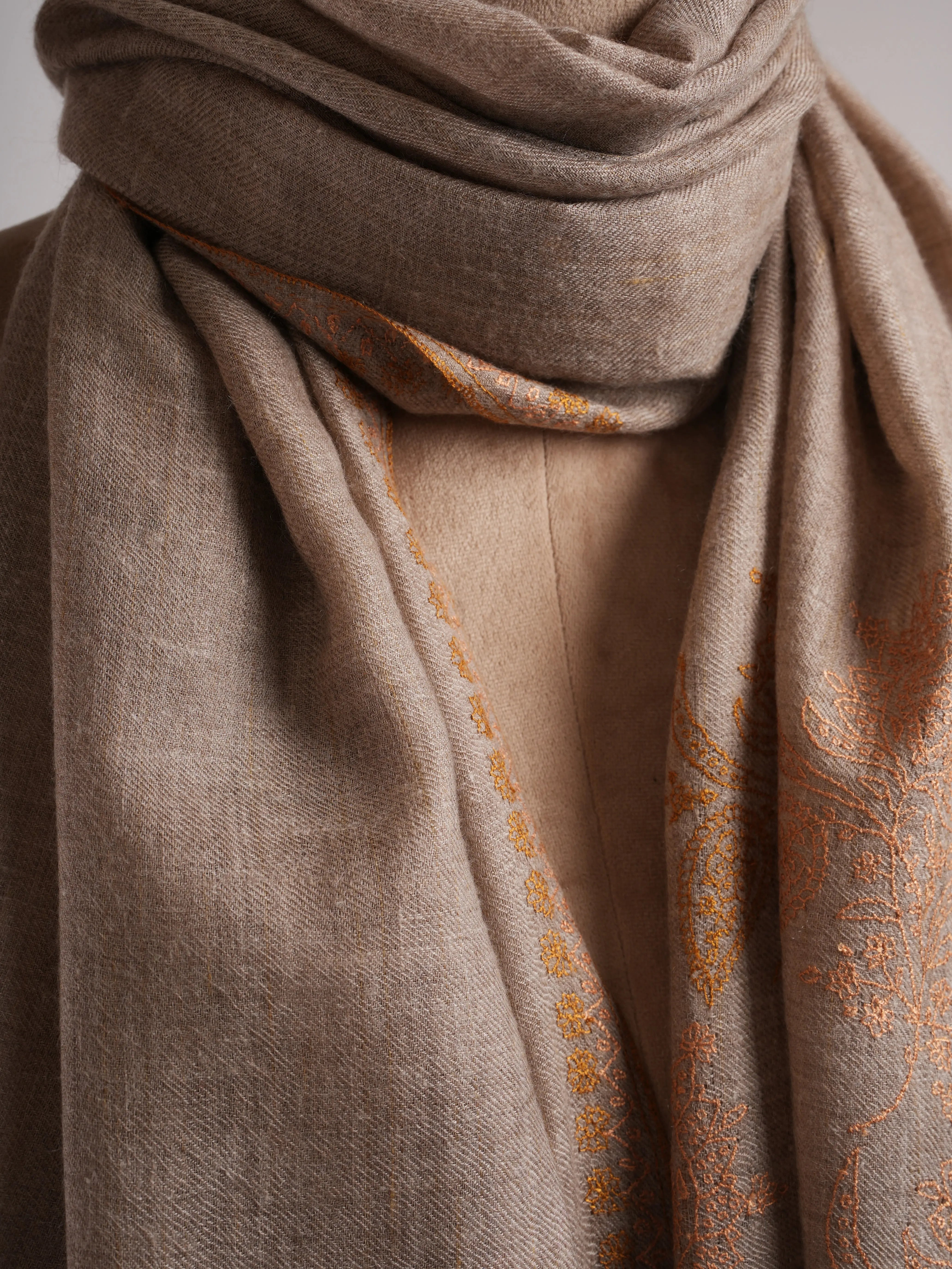 Taupe Palla Needlework Featherlight Cashmere Wrap Shahkaar
