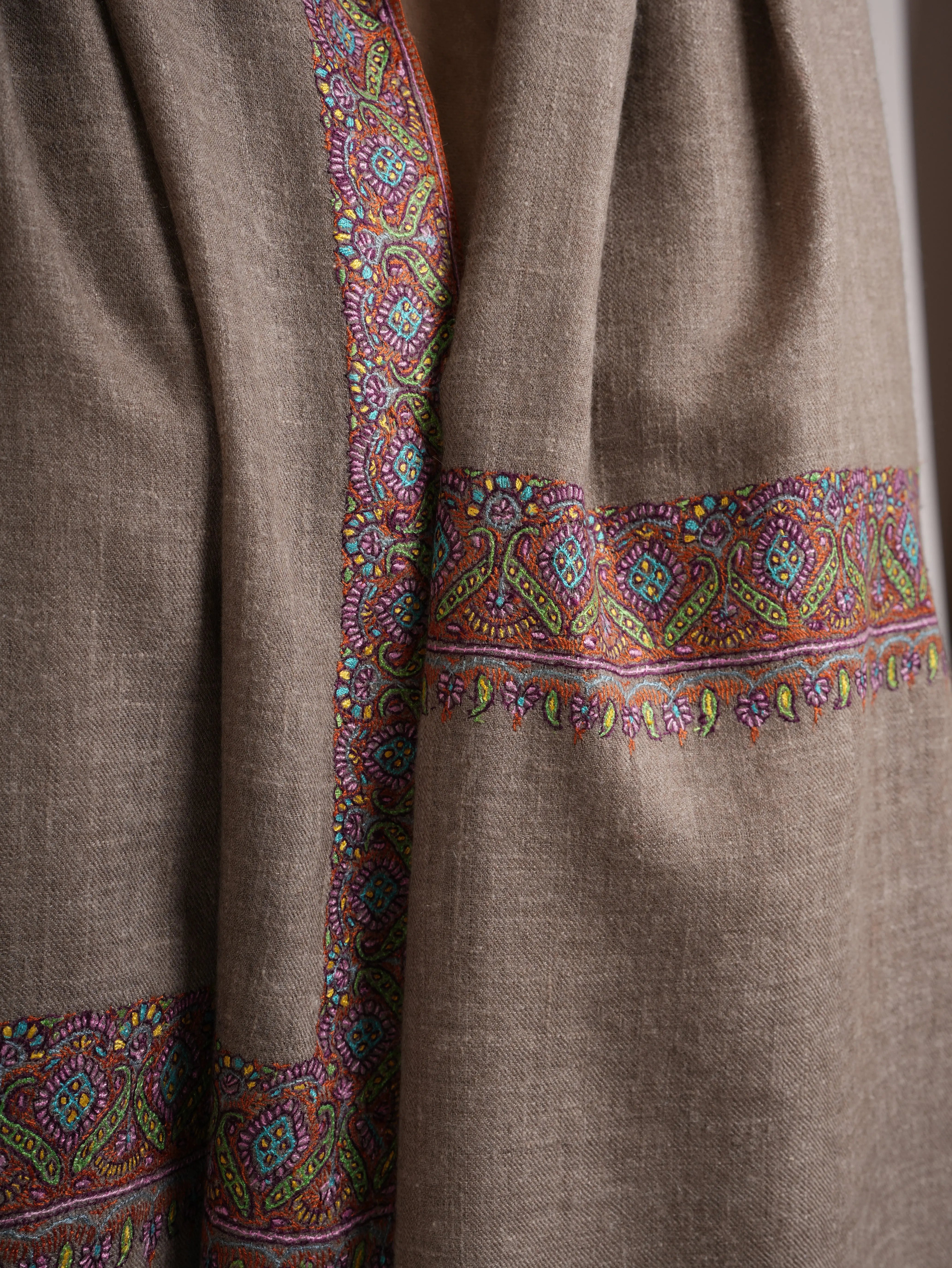 Taupe Traditional Neemdaur Needlework Pashmina Shawl Shahkaar
