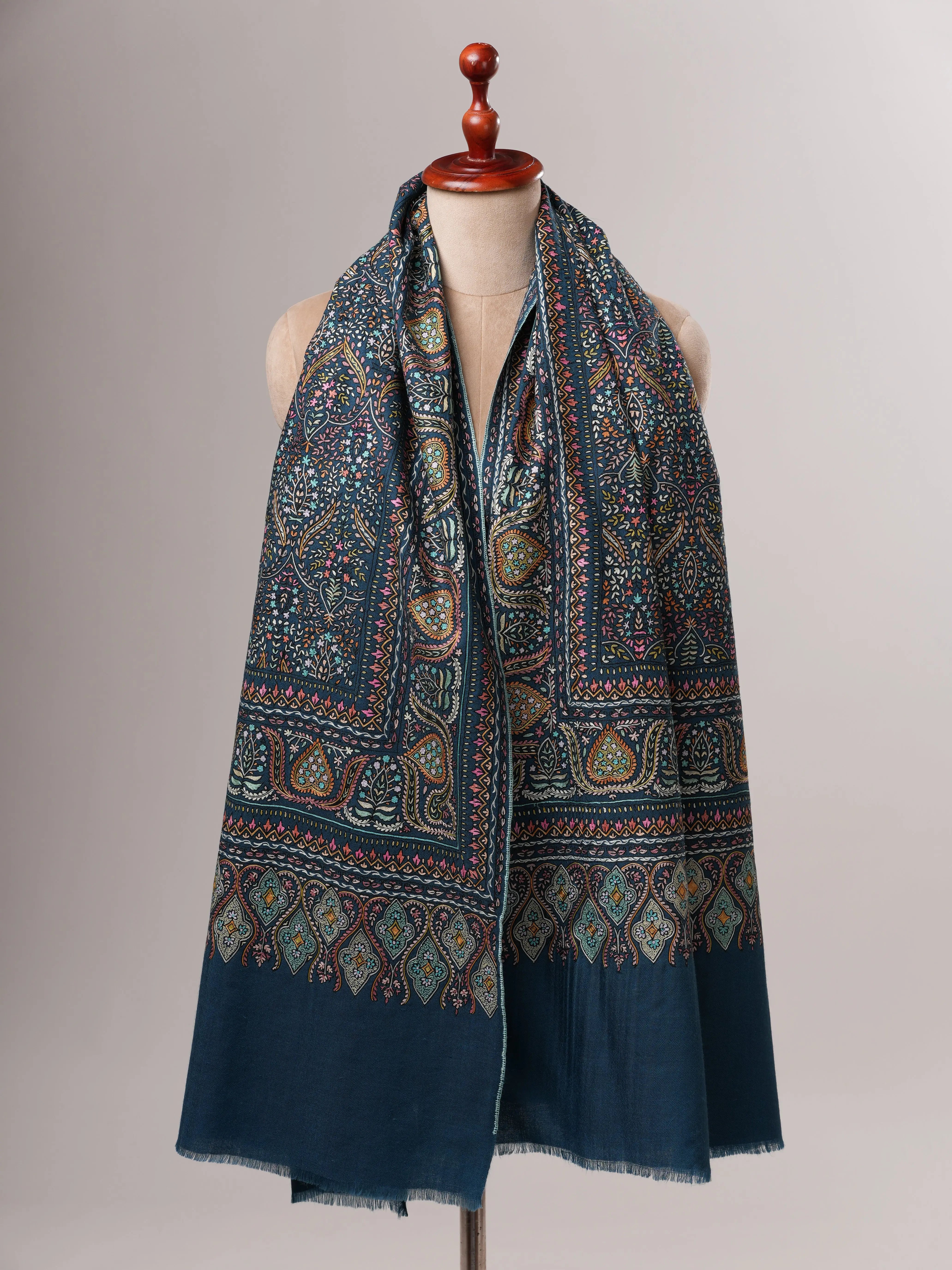 Teal Pashmina Shawl with Hand Hook Embroidery Shahkaar