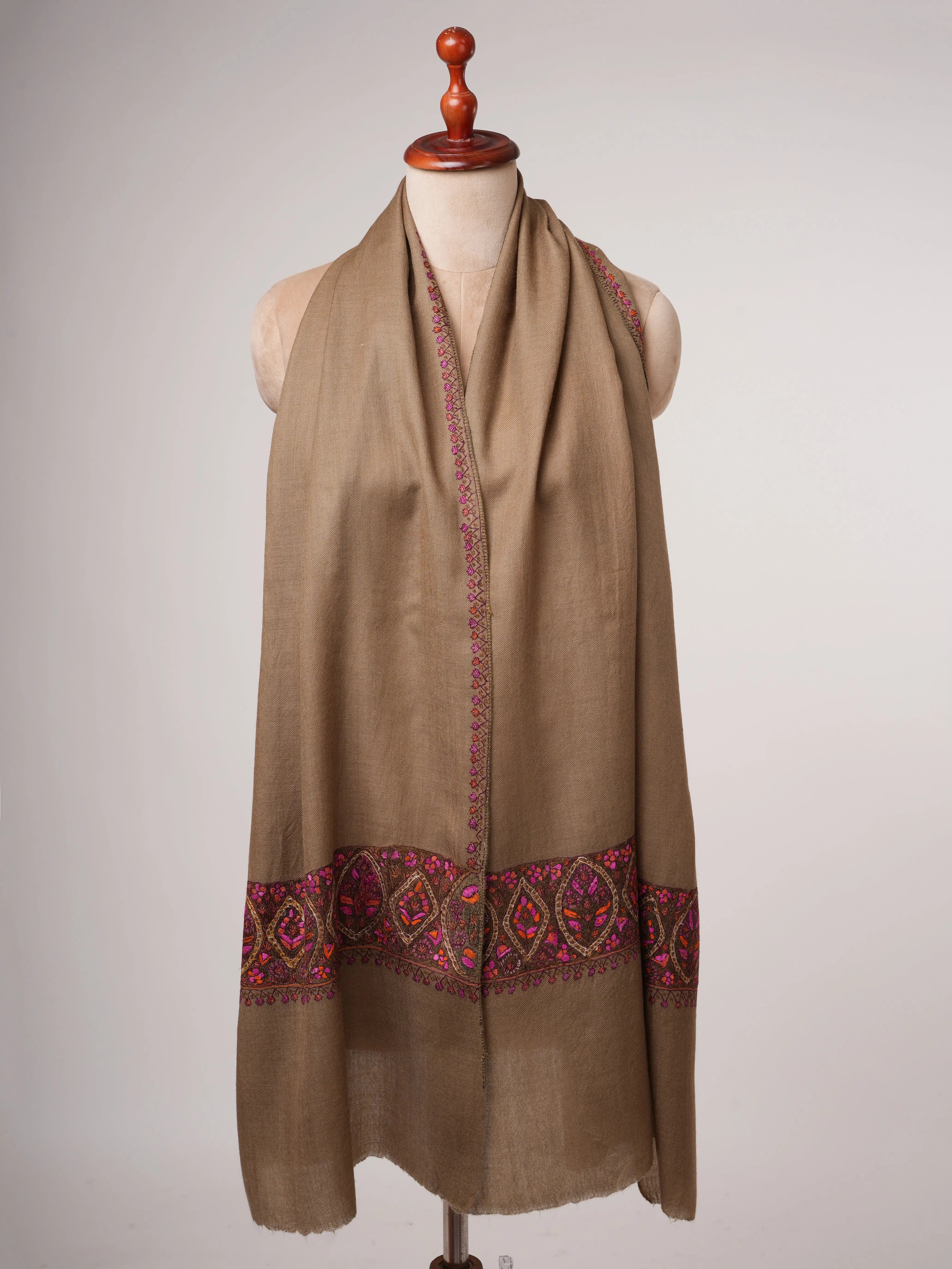 Toosh Silk Wool Scarf with Hand Embroidered Palla Shahkaar