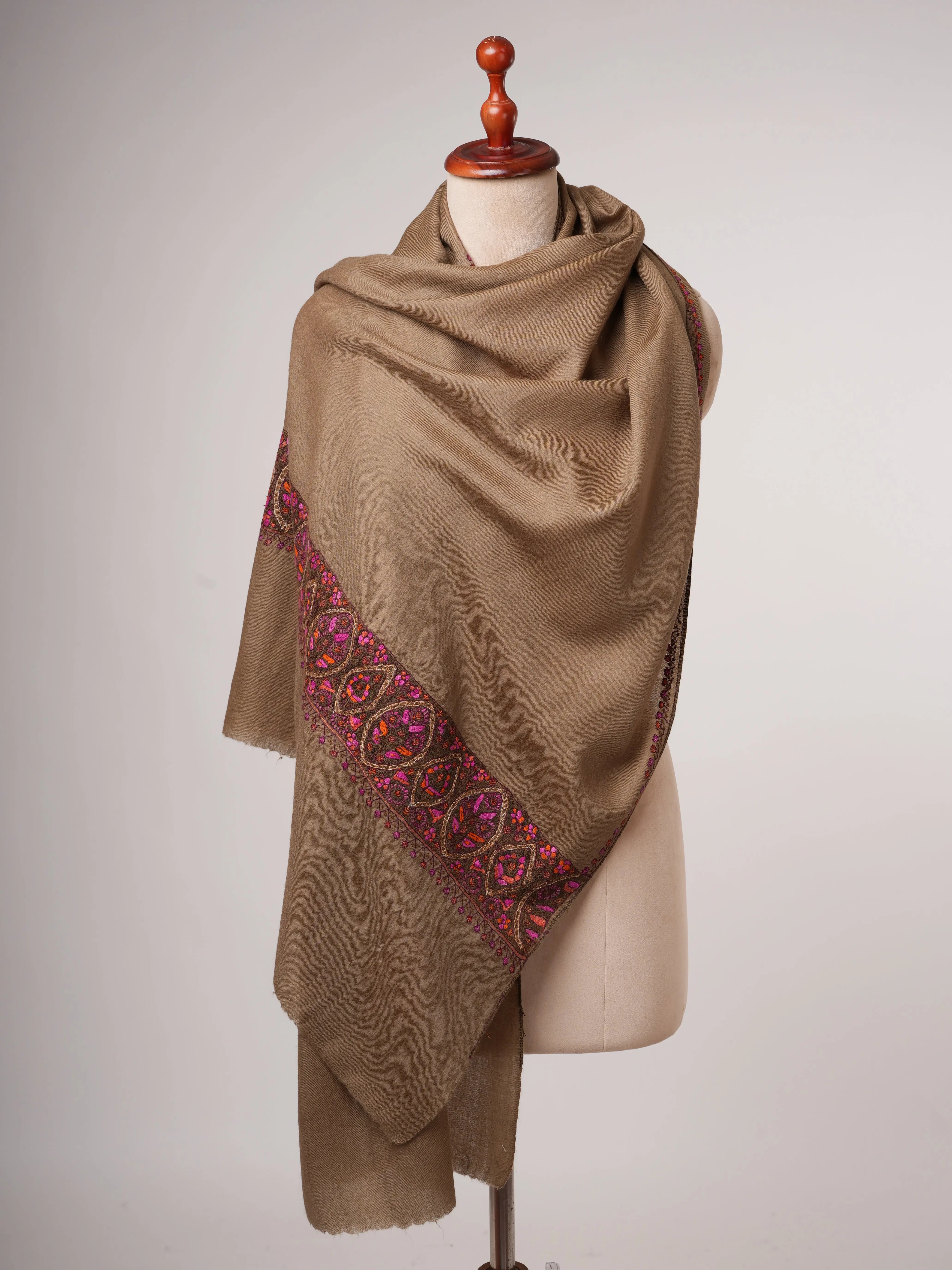 Toosh Silk Wool Scarf with Hand Embroidered Palla Shahkaar