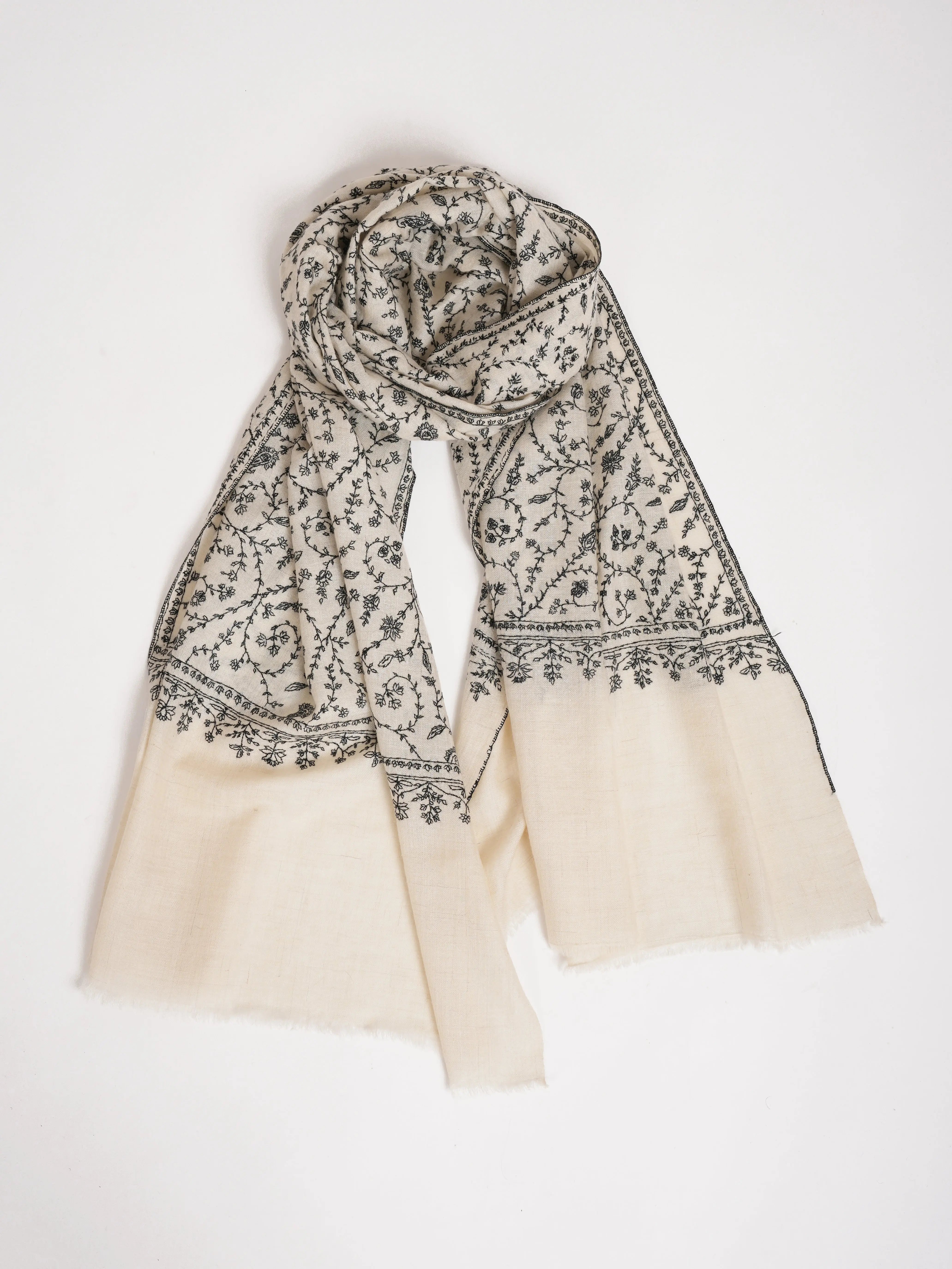 White Cashmere Stole with Black Sozni Embroidered Stole Shahkaar