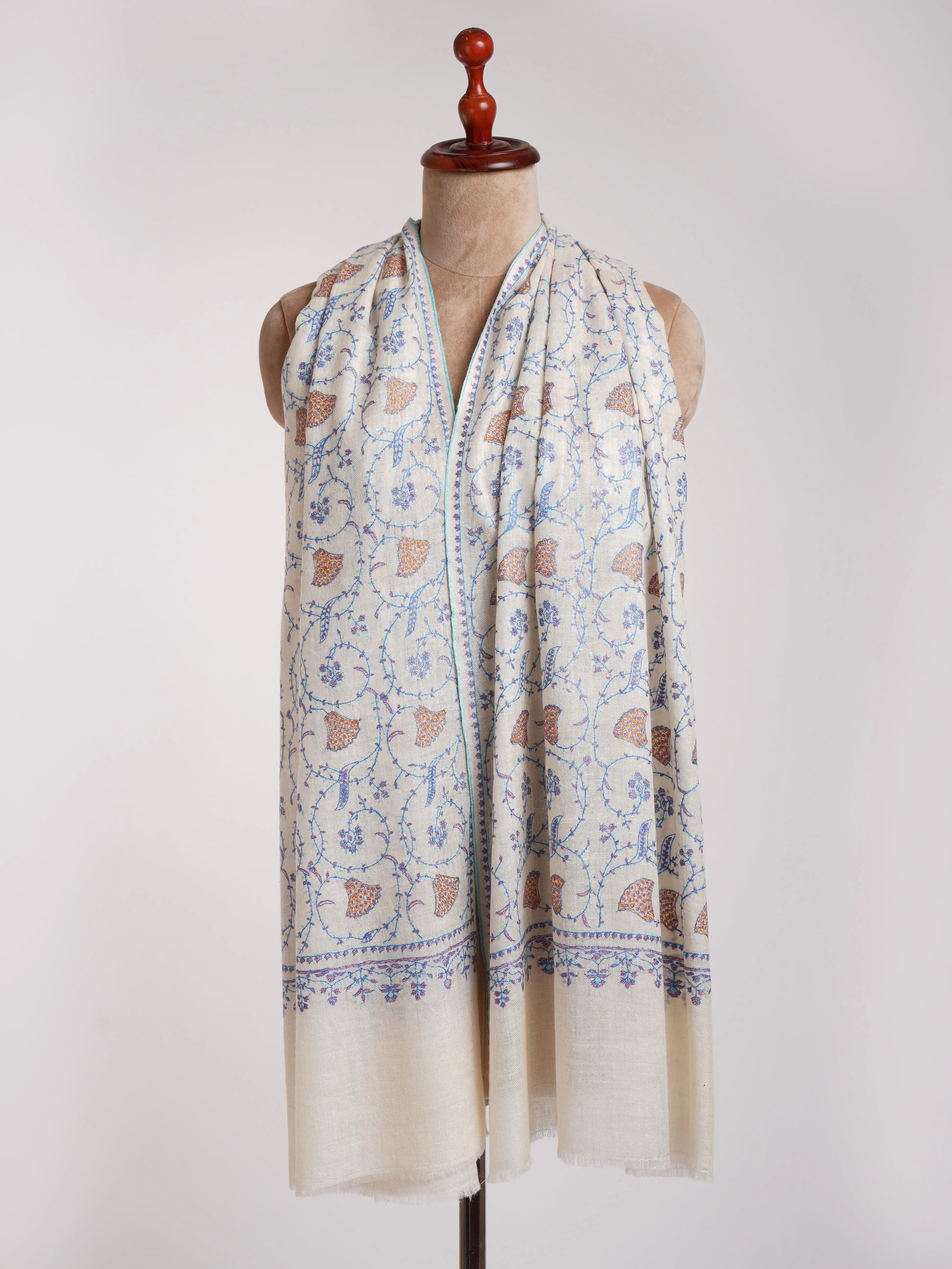 White Cashmere Wrap with Sozni Embroidery from Kashmir Shahkaar