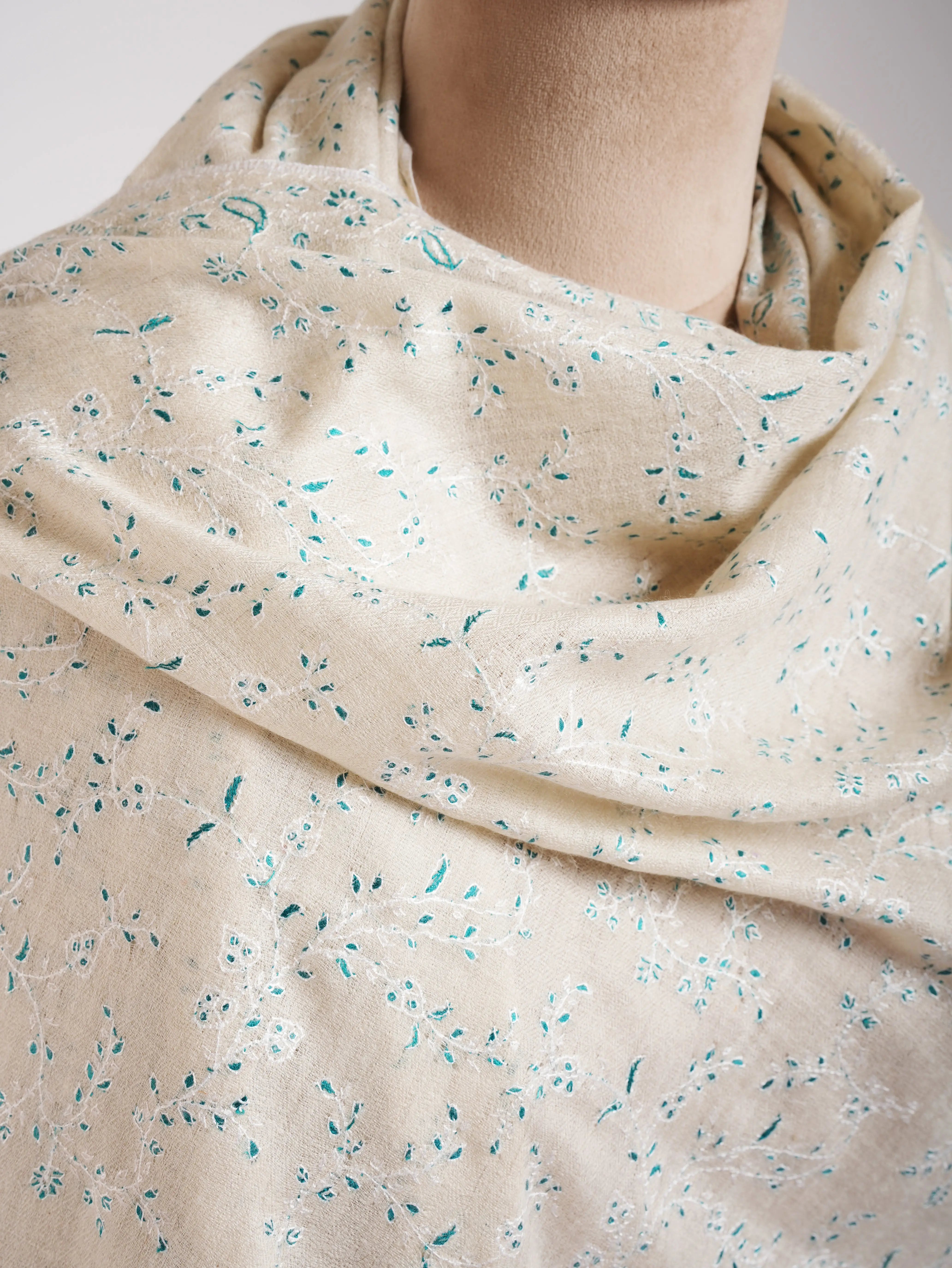 White Hand Embroidered Luxurious Pashmina Shawl Shahkaar