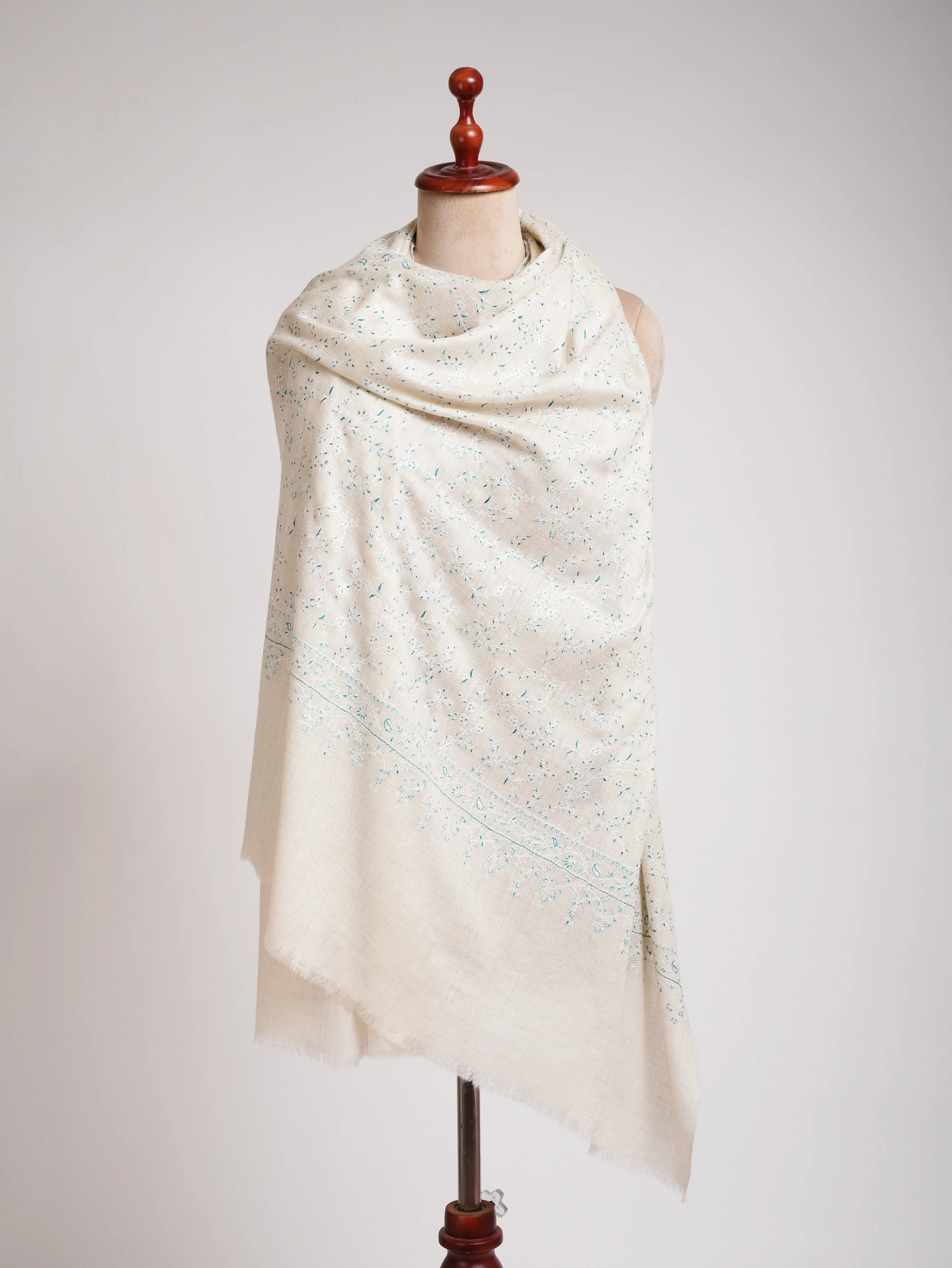 White Hand Embroidered Luxurious Pashmina Shawl Shahkaar
