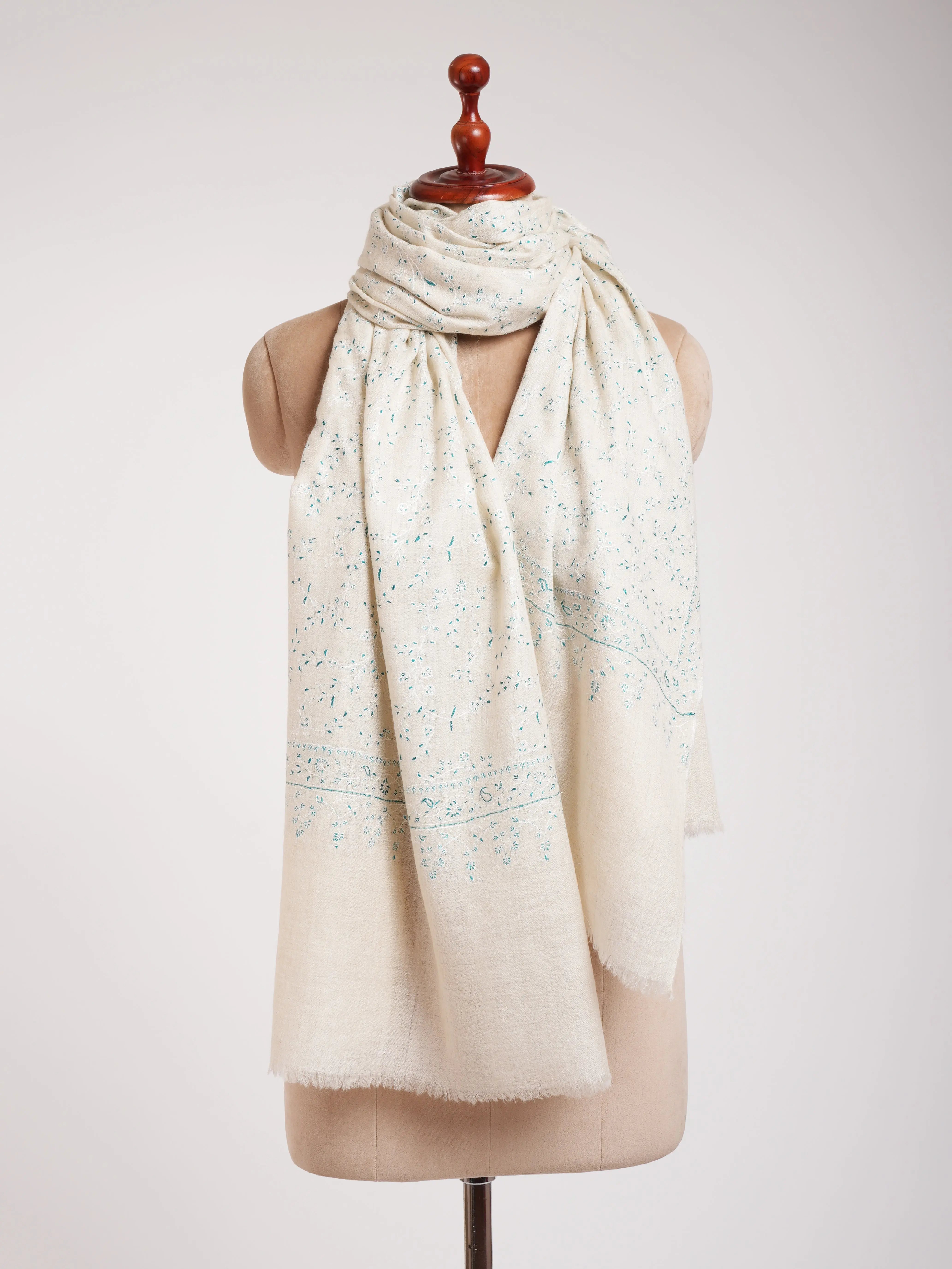 White Hand Embroidered Luxurious Pashmina Shawl Shahkaar