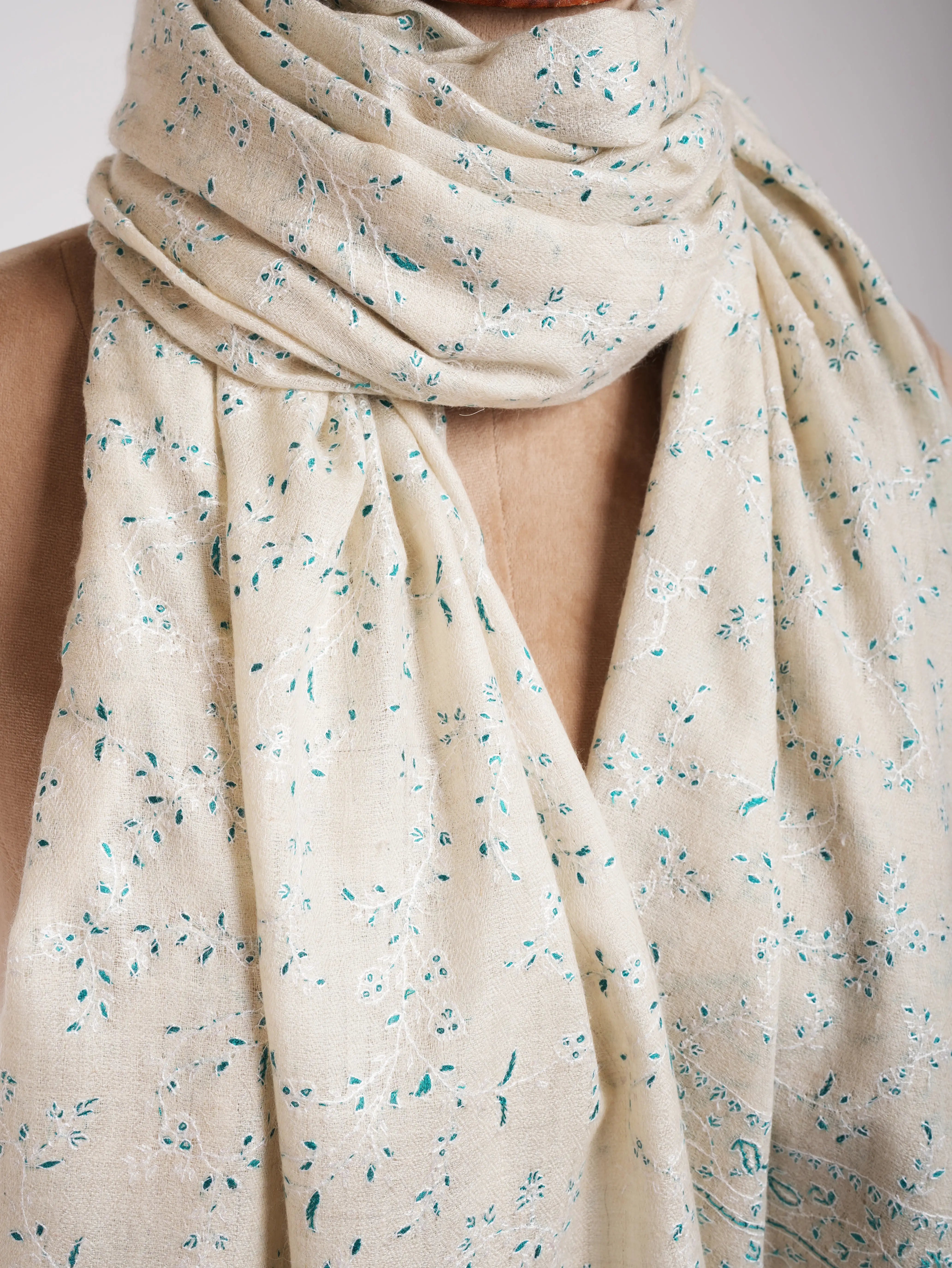 White Hand Embroidered Luxurious Pashmina Shawl Shahkaar