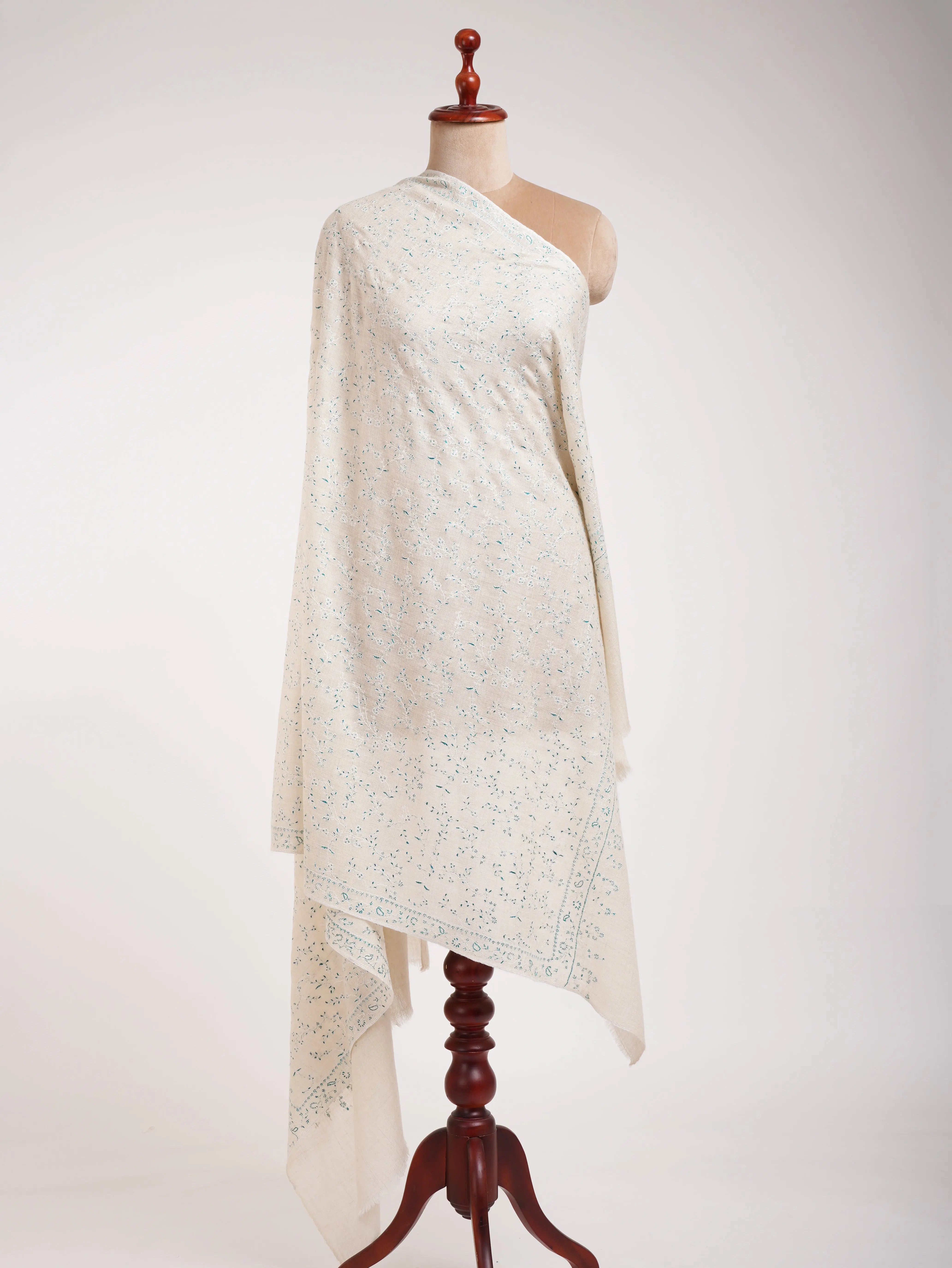 White Hand Embroidered Luxurious Pashmina Shawl Shahkaar