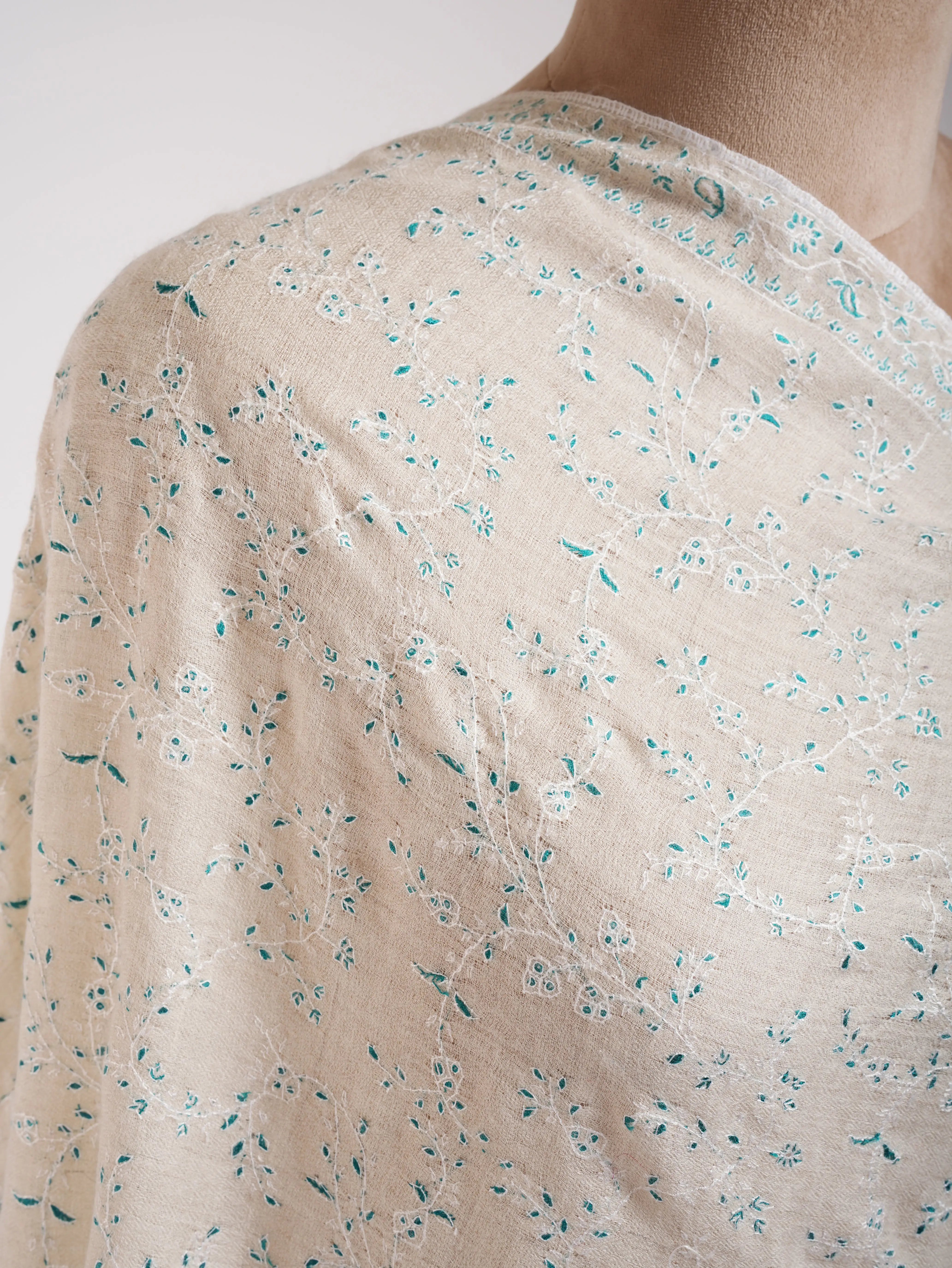 White Hand Embroidered Luxurious Pashmina Shawl Shahkaar