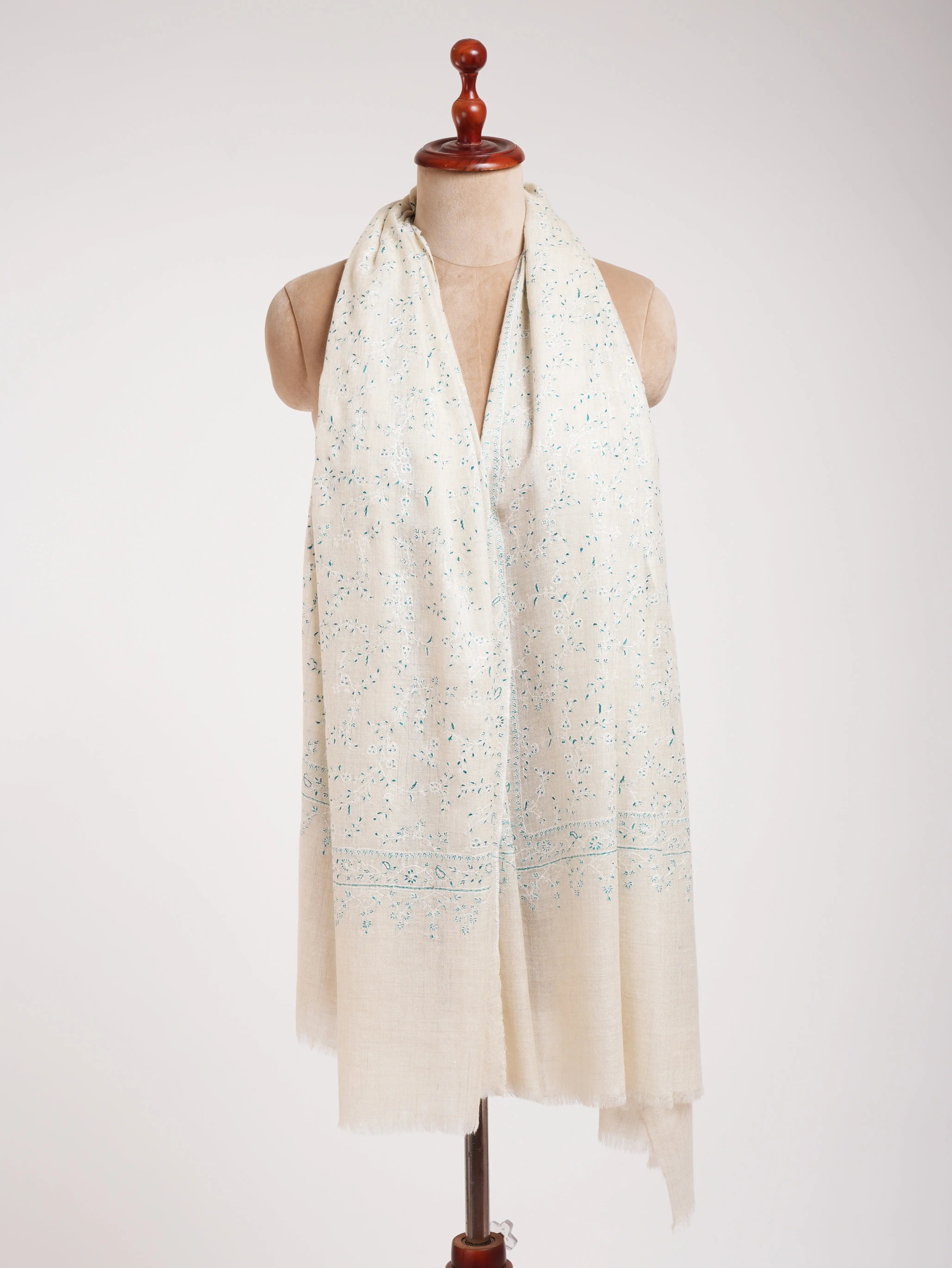 White Hand Embroidered Luxurious Pashmina Shawl Shahkaar