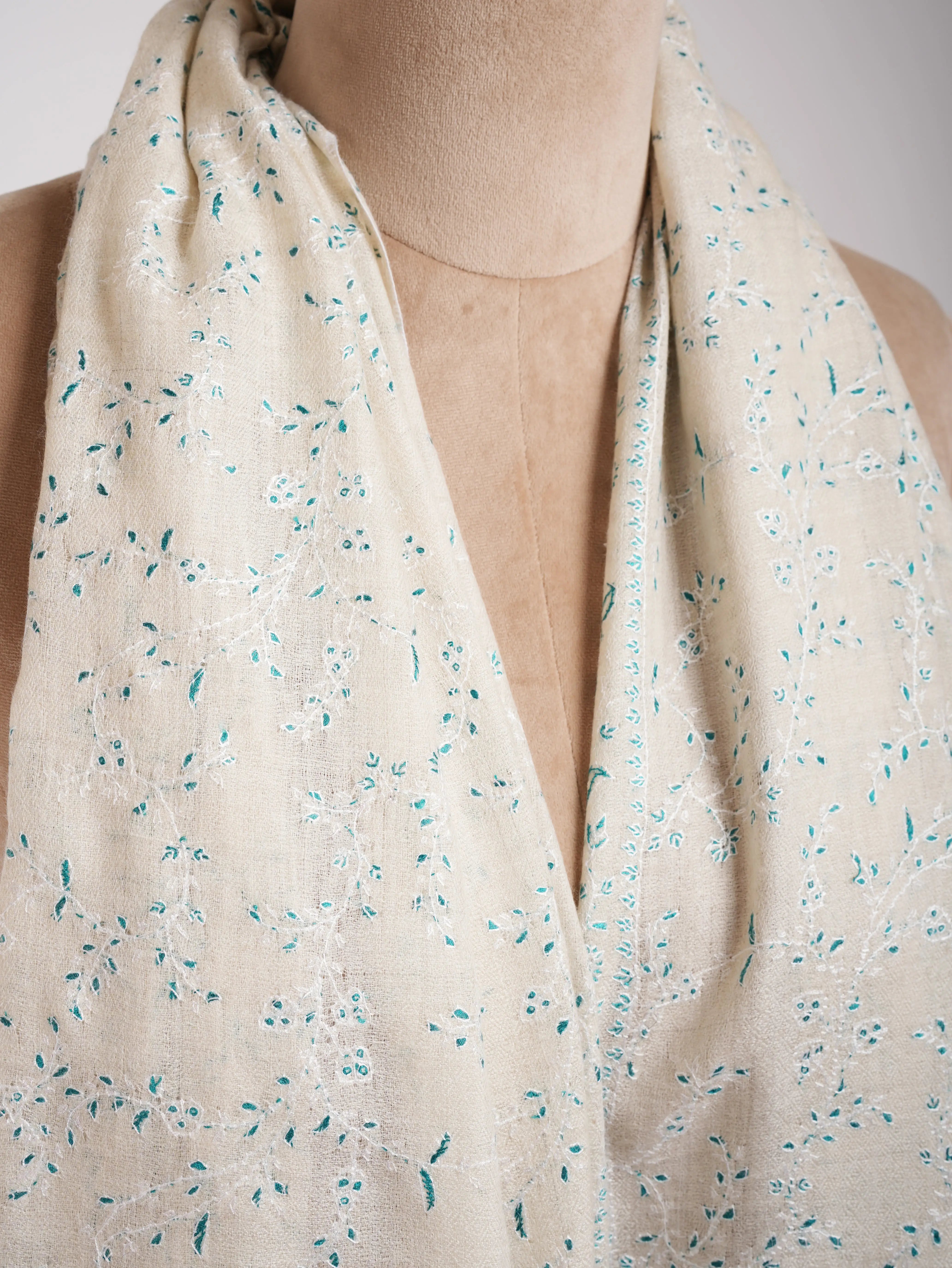 White Hand Embroidered Luxurious Pashmina Shawl Shahkaar