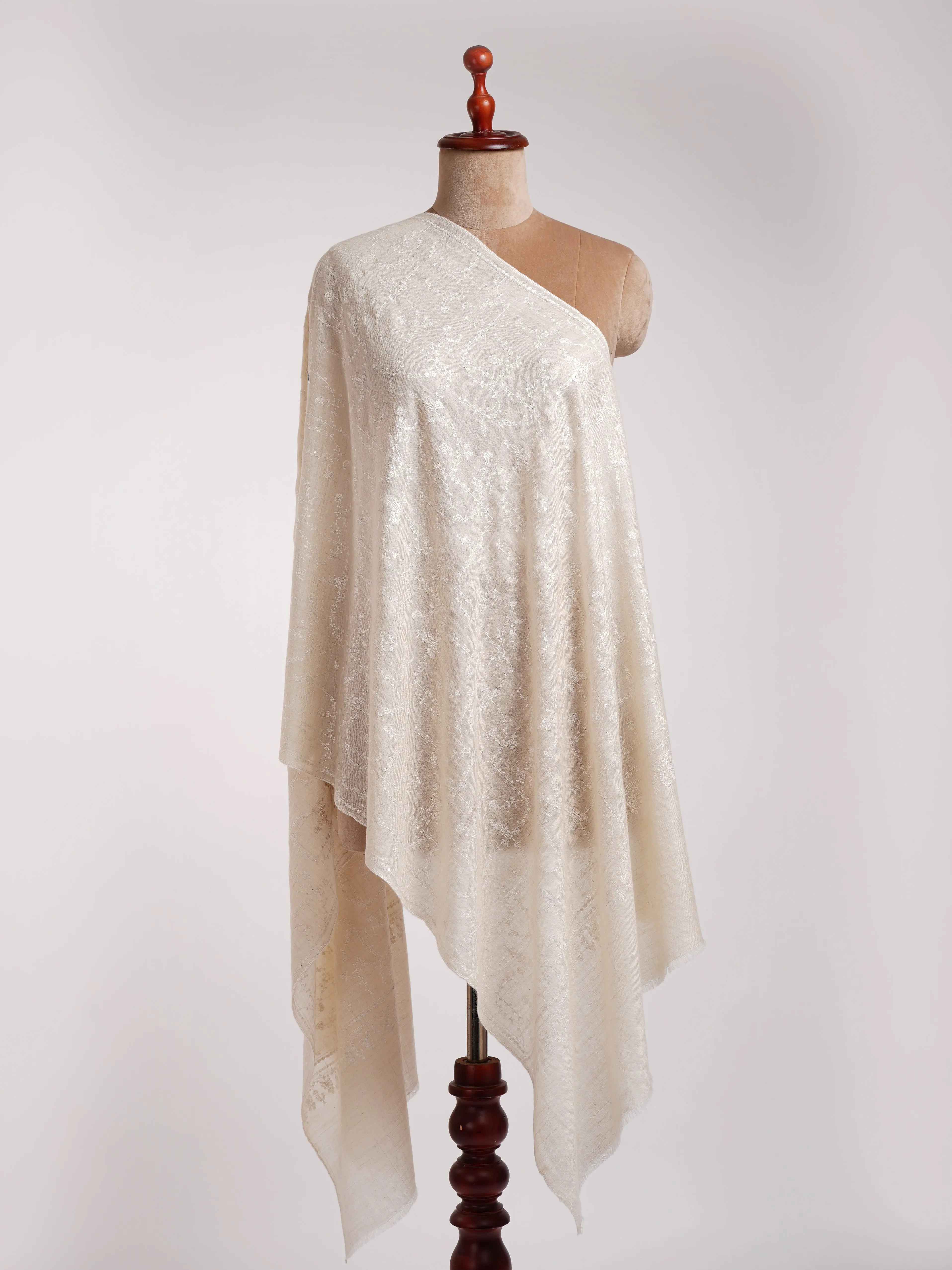 White Indian Cashmere Embroidered Wrap Shahkaar