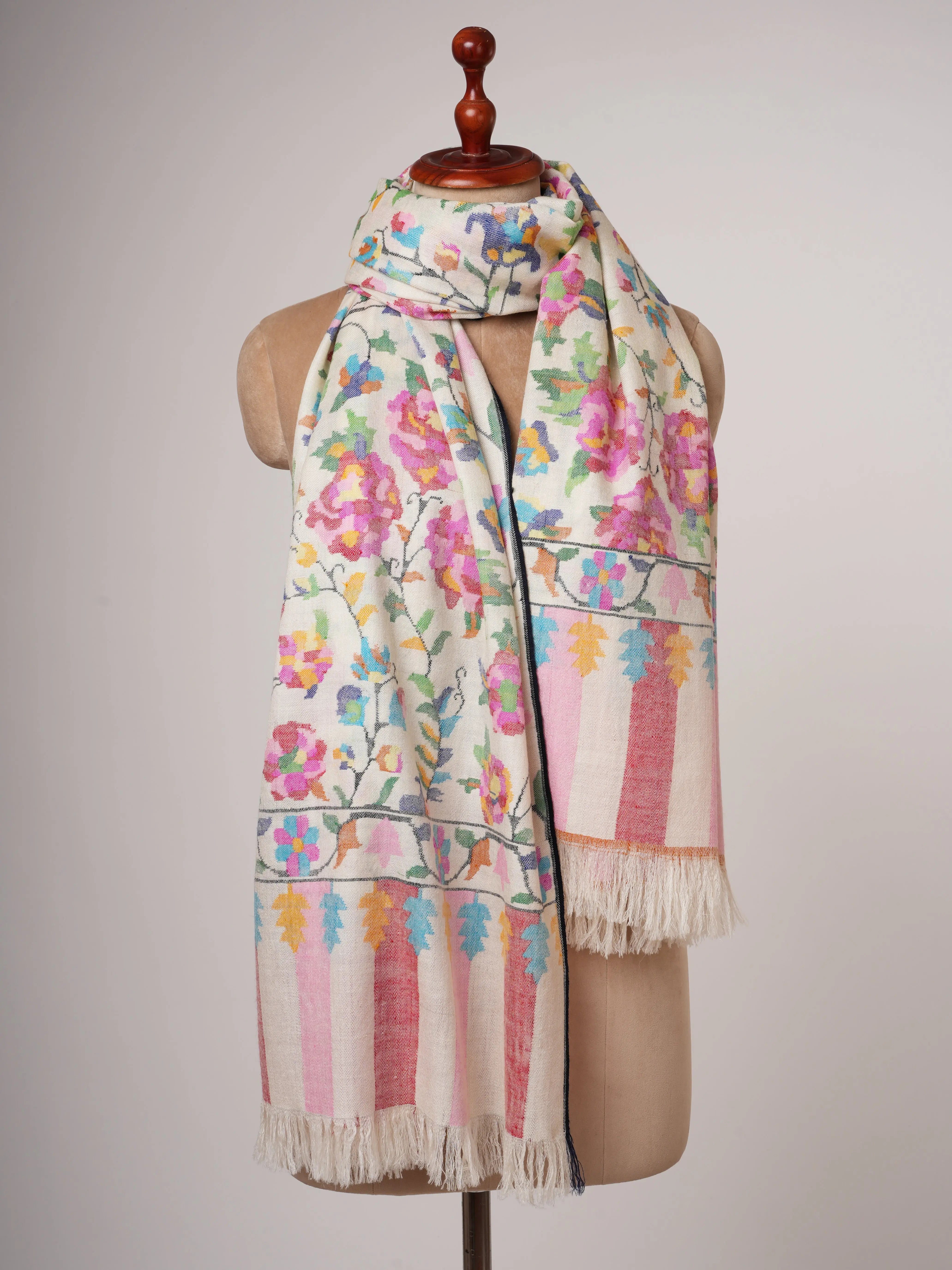 White Kani Baby Soft Pashmina Shawl with Floral Motifs Shahkaar