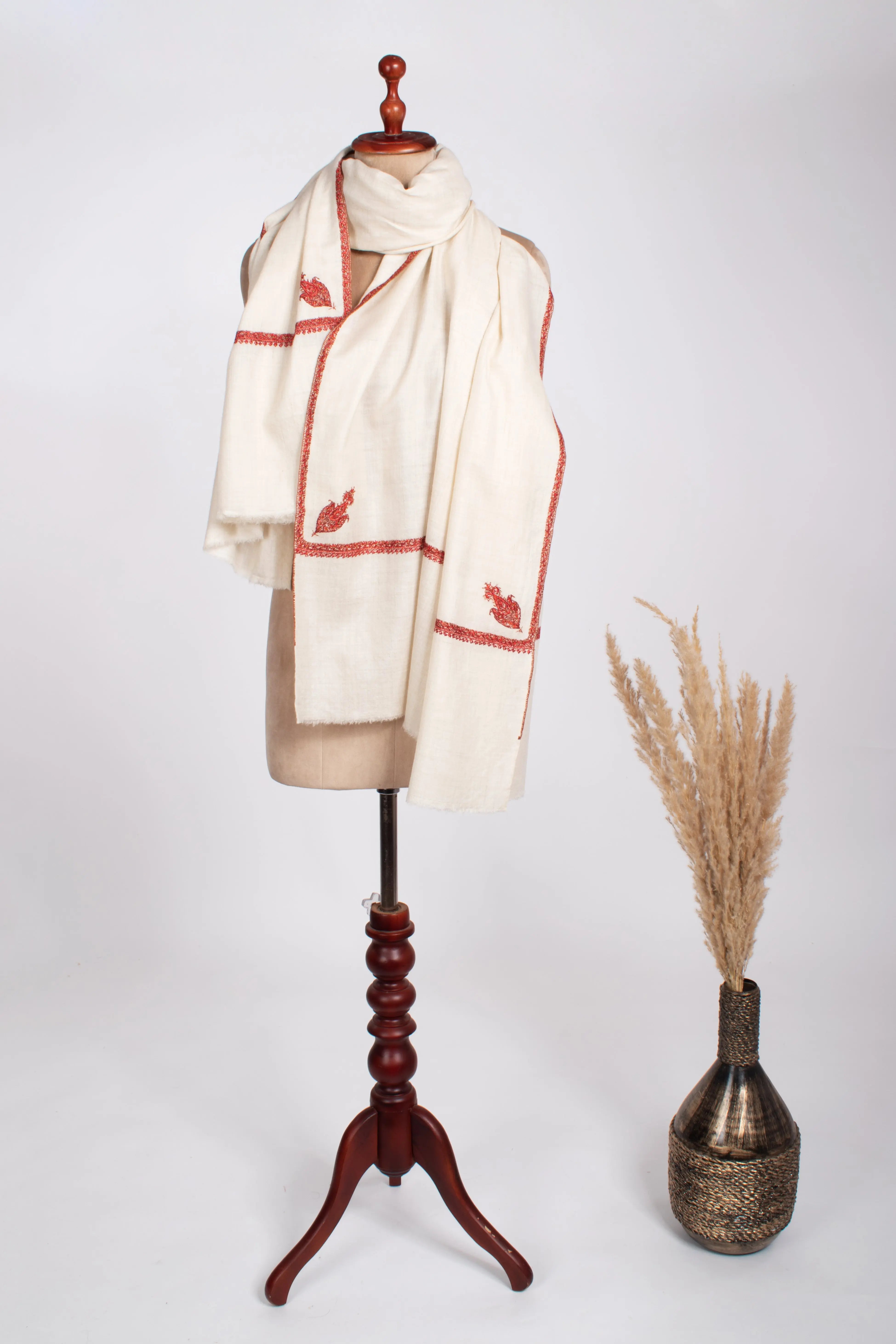 White Traditional Border and Corner Embroidered Pashmina Shawl Shahkaar