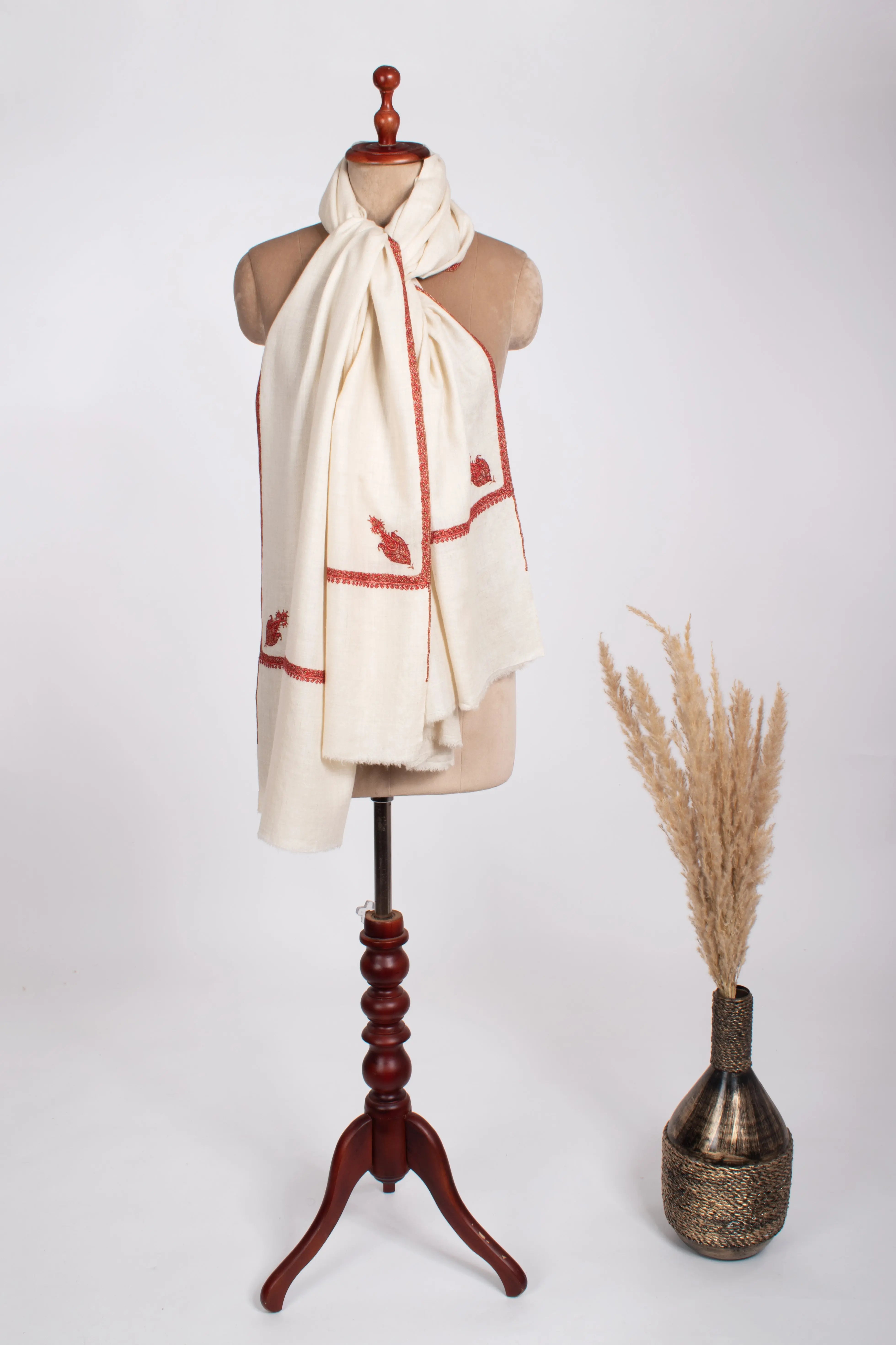 White Traditional Border and Corner Embroidered Pashmina Shawl Shahkaar