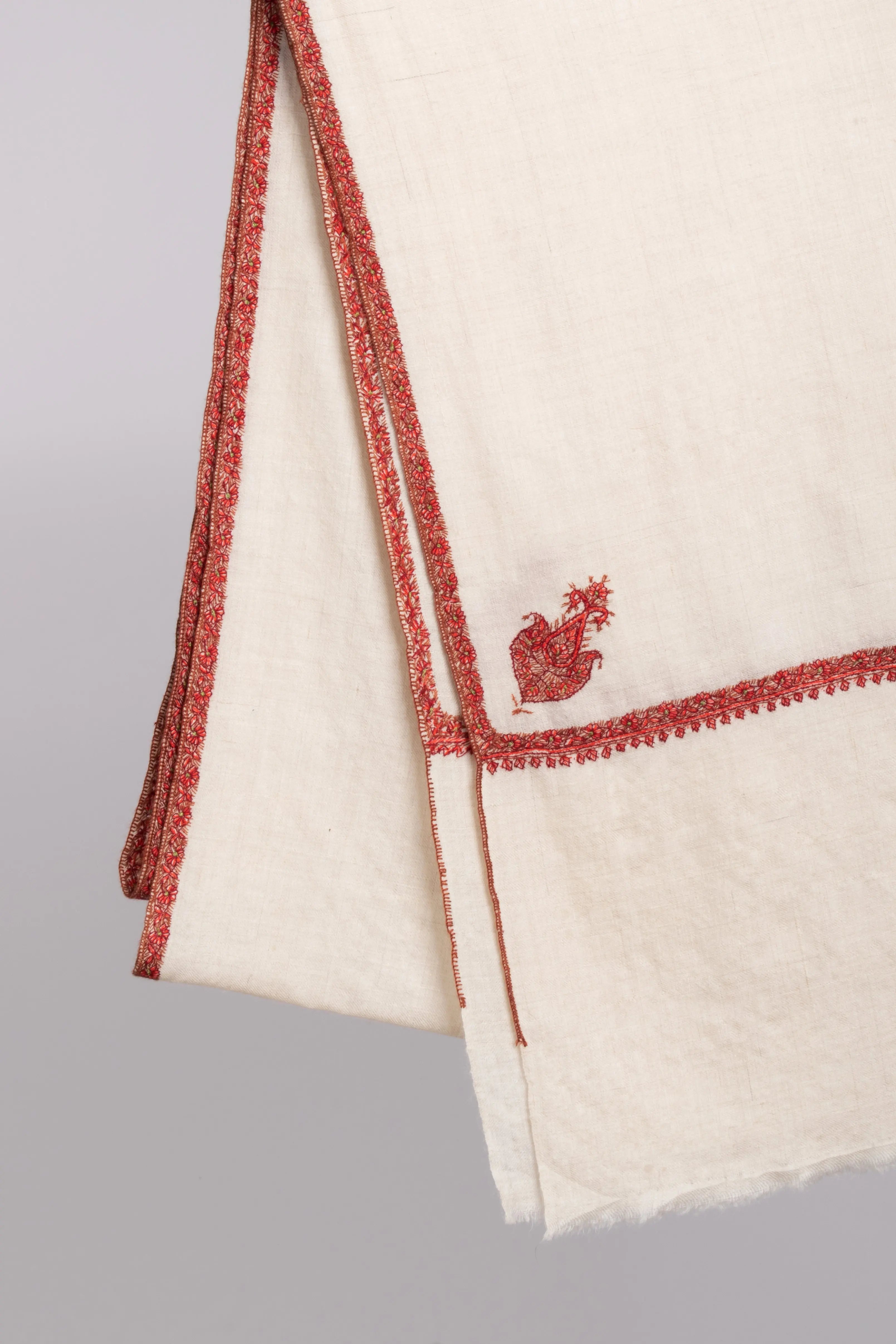 White Traditional Border and Corner Embroidered Pashmina Shawl Shahkaar