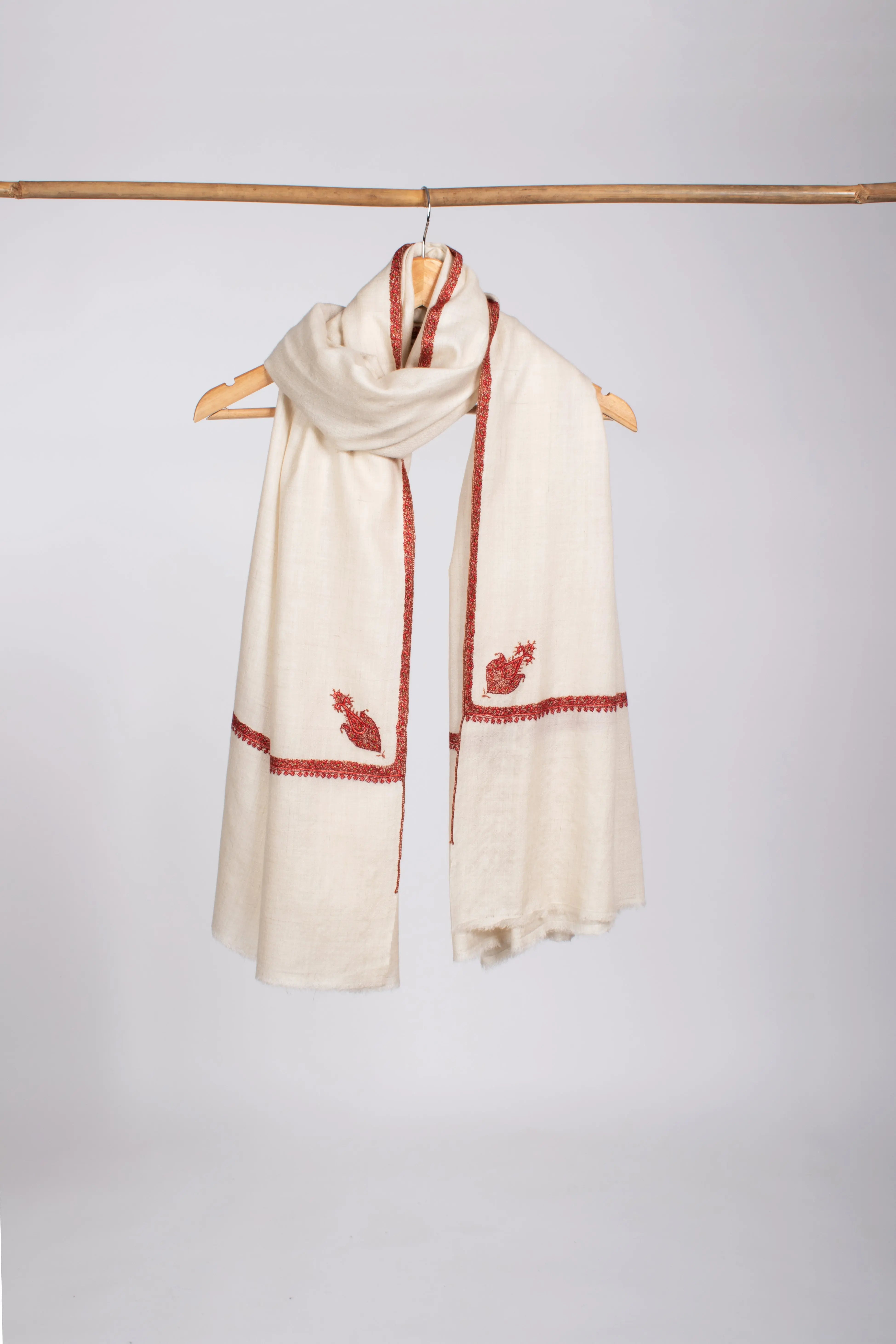 White Traditional Border and Corner Embroidered Pashmina Shawl Shahkaar