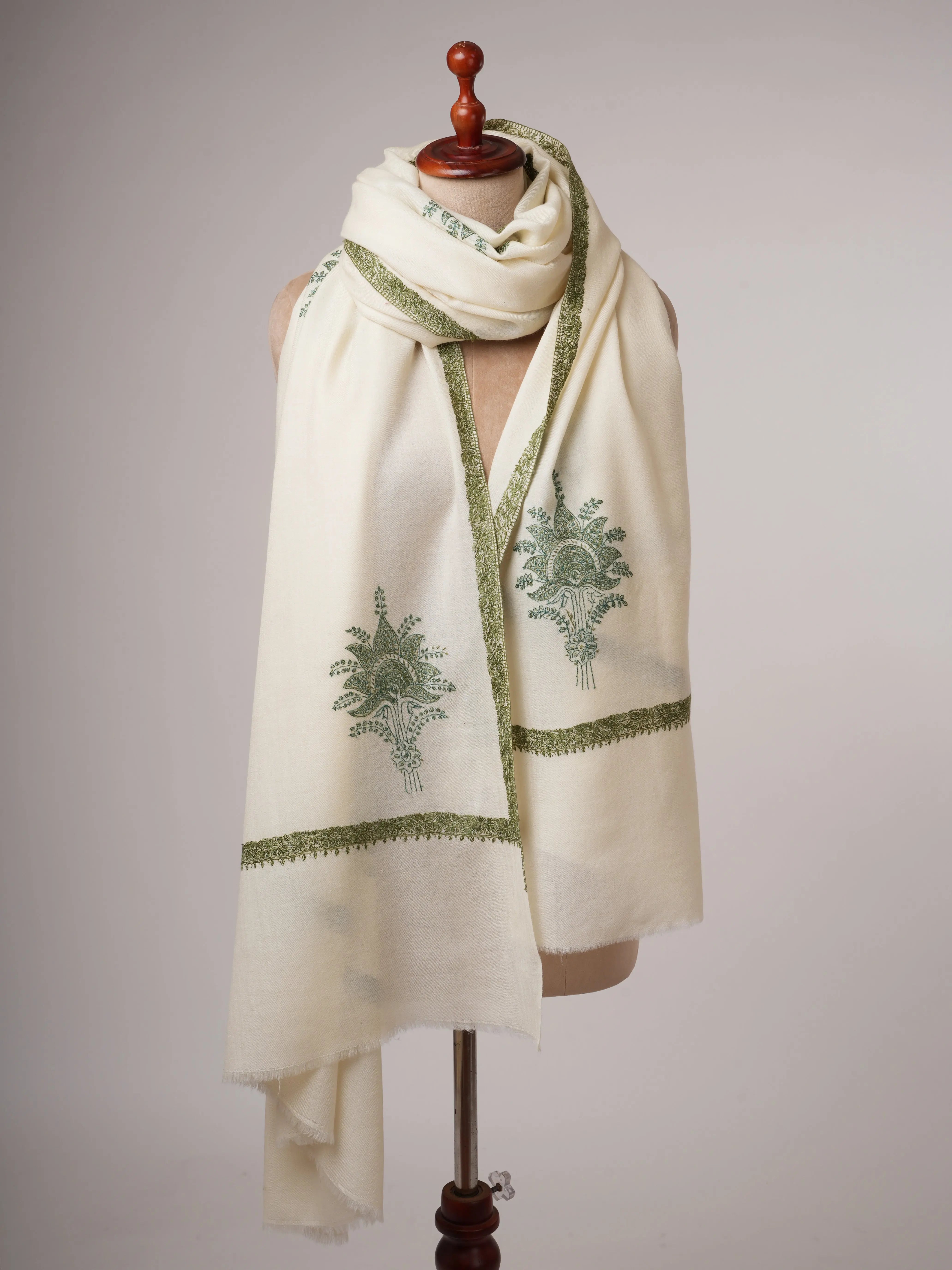XL Ivory Fine Wool Shawl with Hand Embroidery Shahkaar