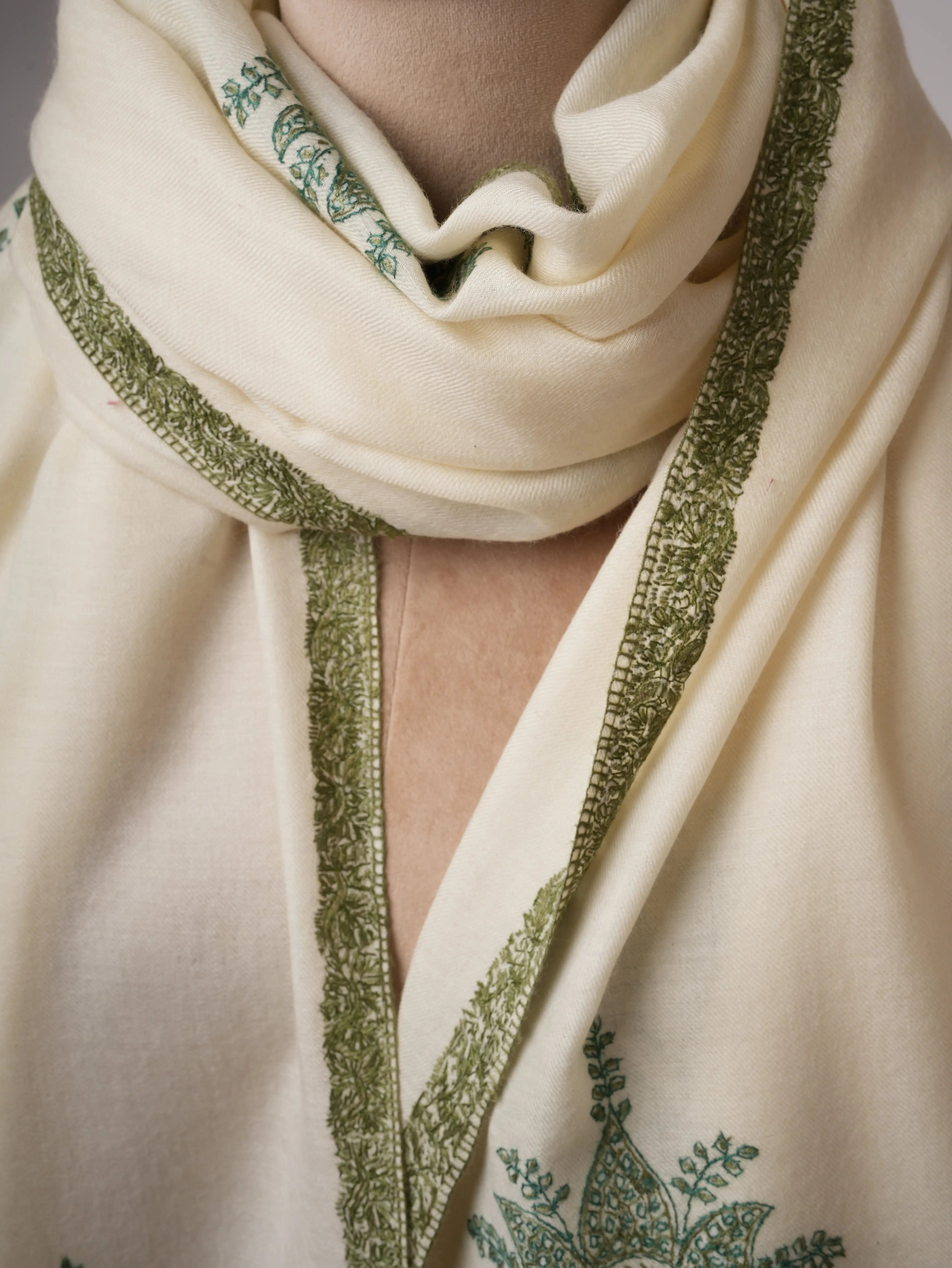 XL Ivory Fine Wool Shawl with Hand Embroidery Shahkaar