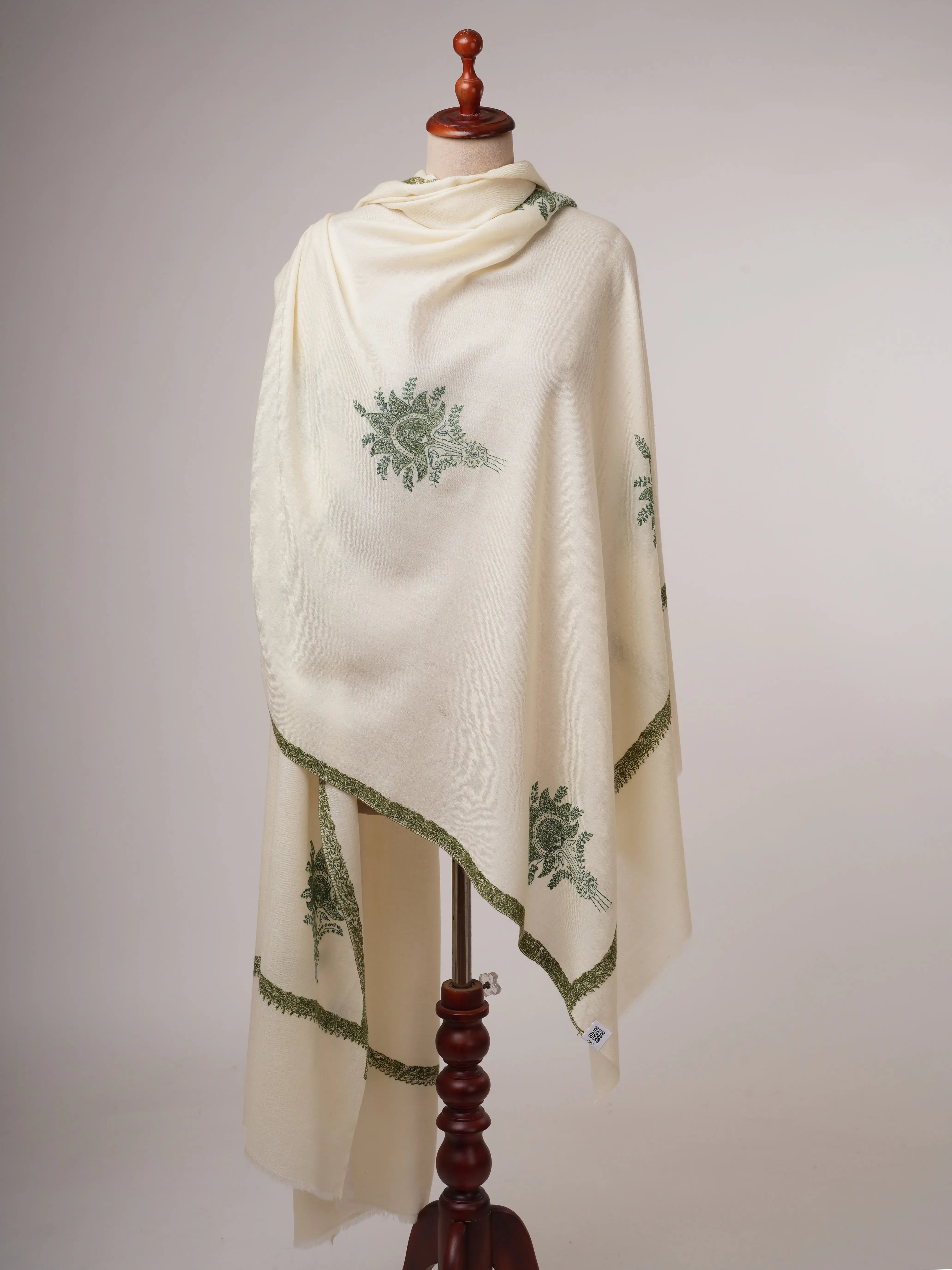 XL Ivory Fine Wool Shawl with Hand Embroidery Shahkaar