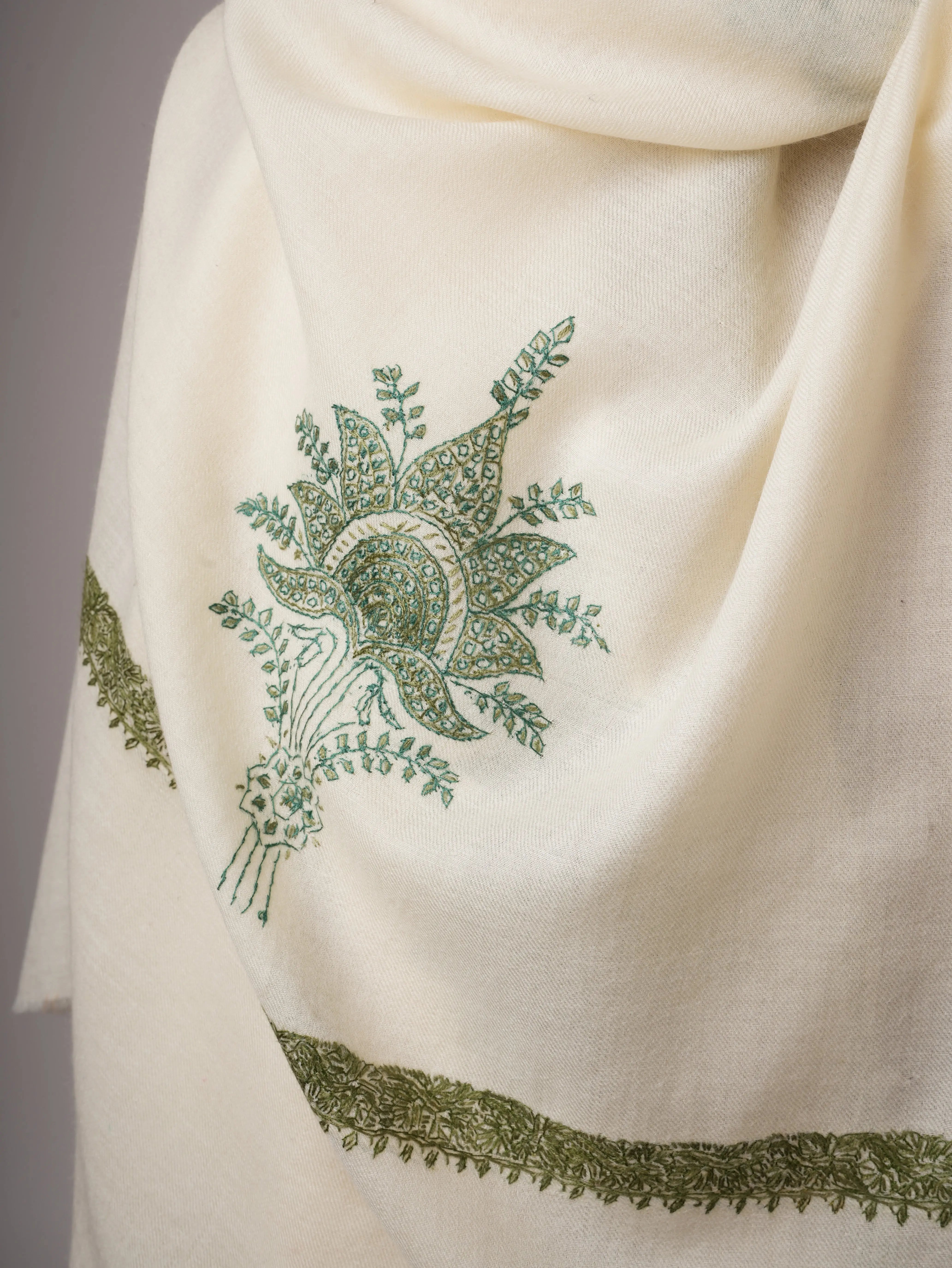 XL Ivory Fine Wool Shawl with Hand Embroidery Shahkaar