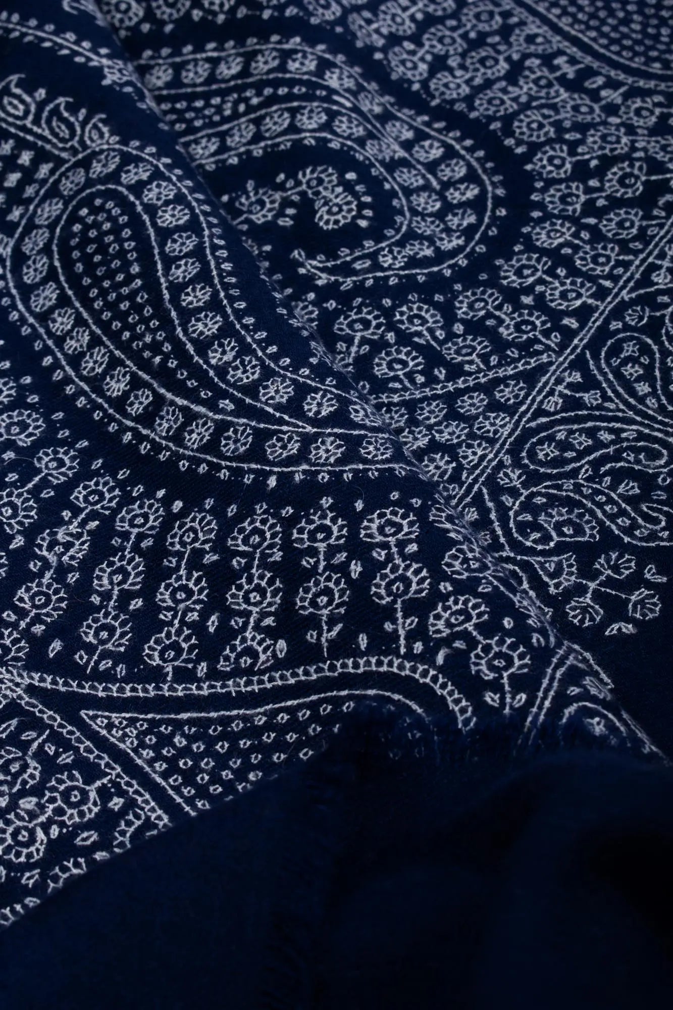 XL Prussian Blue Pashmina Wrap with Palla Embroidery - SAIDPUR Shahkaar