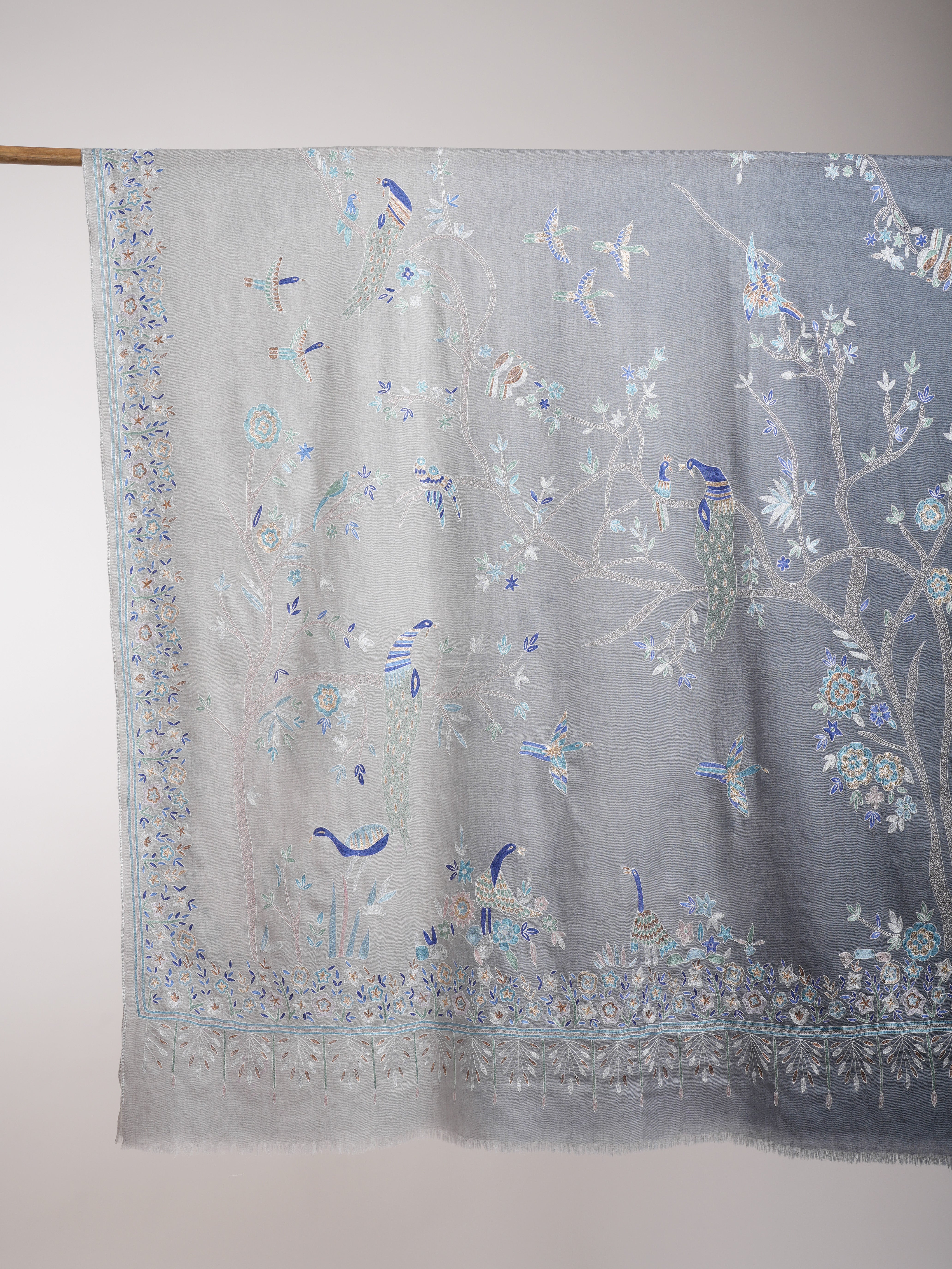 Hand Embroidered Tree of Peacock Pashmina Shawl Shahkaar