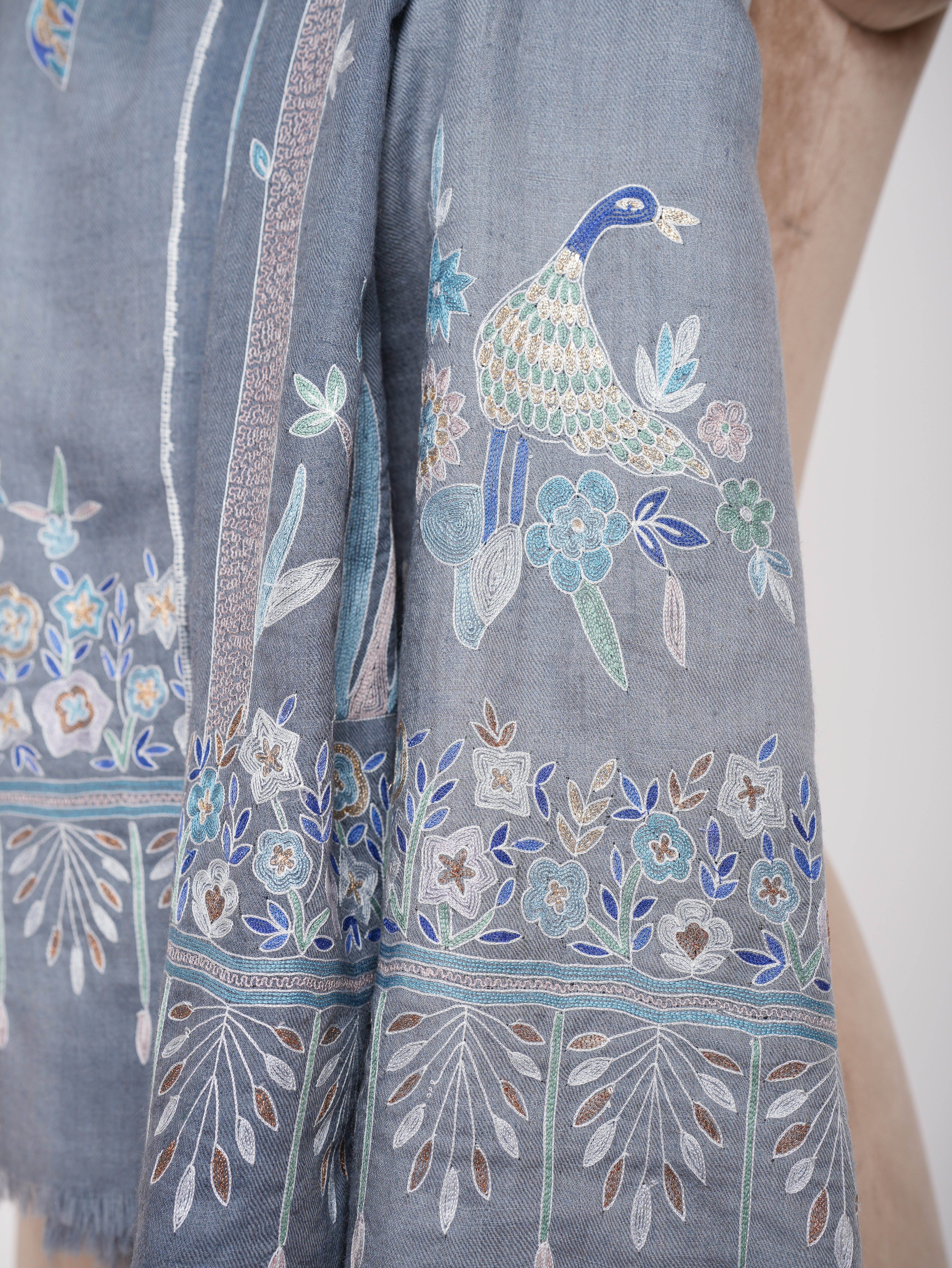 Hand Embroidered Tree of Peacock Pashmina Shawl Shahkaar