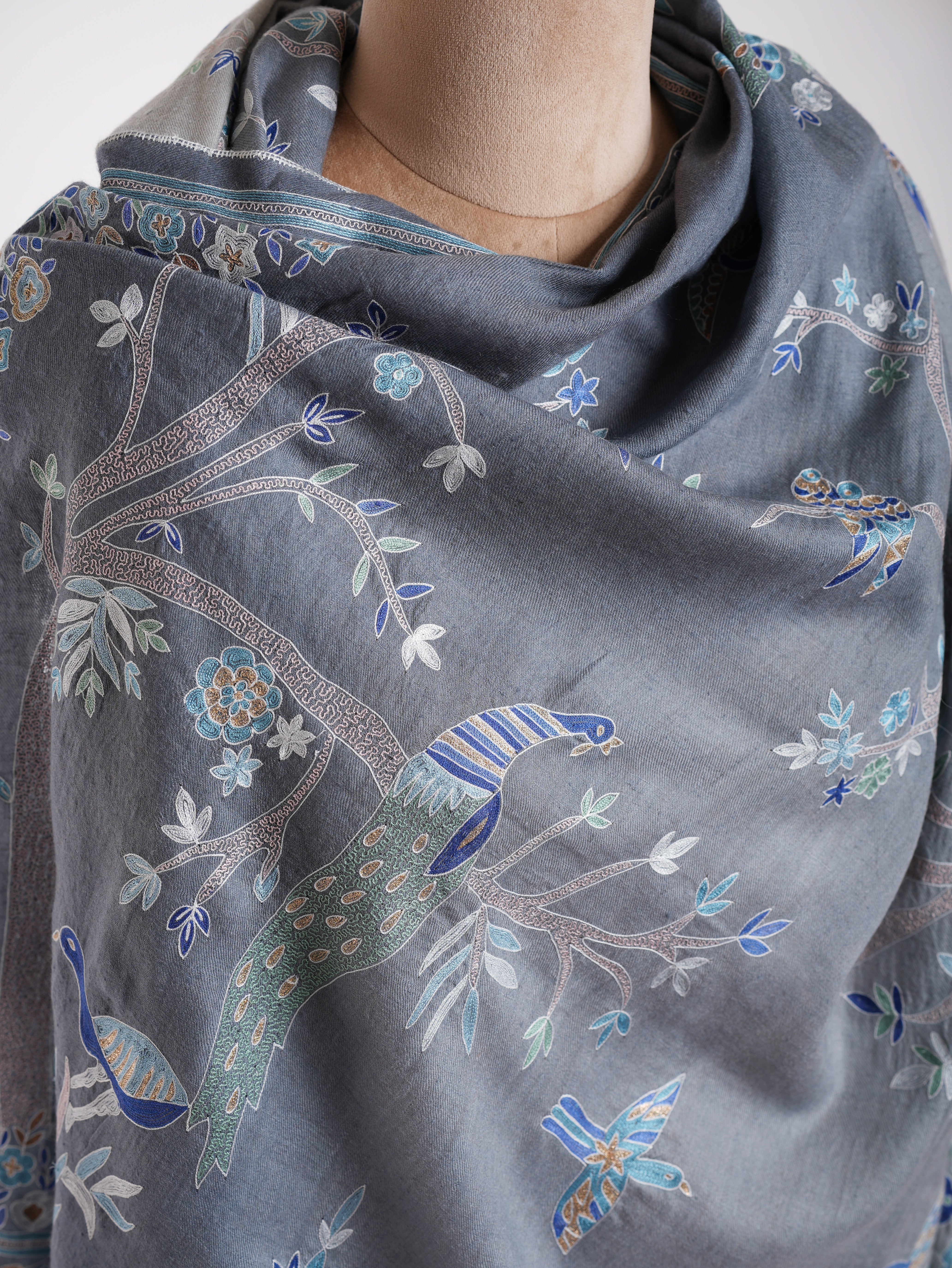 Hand Embroidered Tree of Peacock Pashmina Shawl Shahkaar