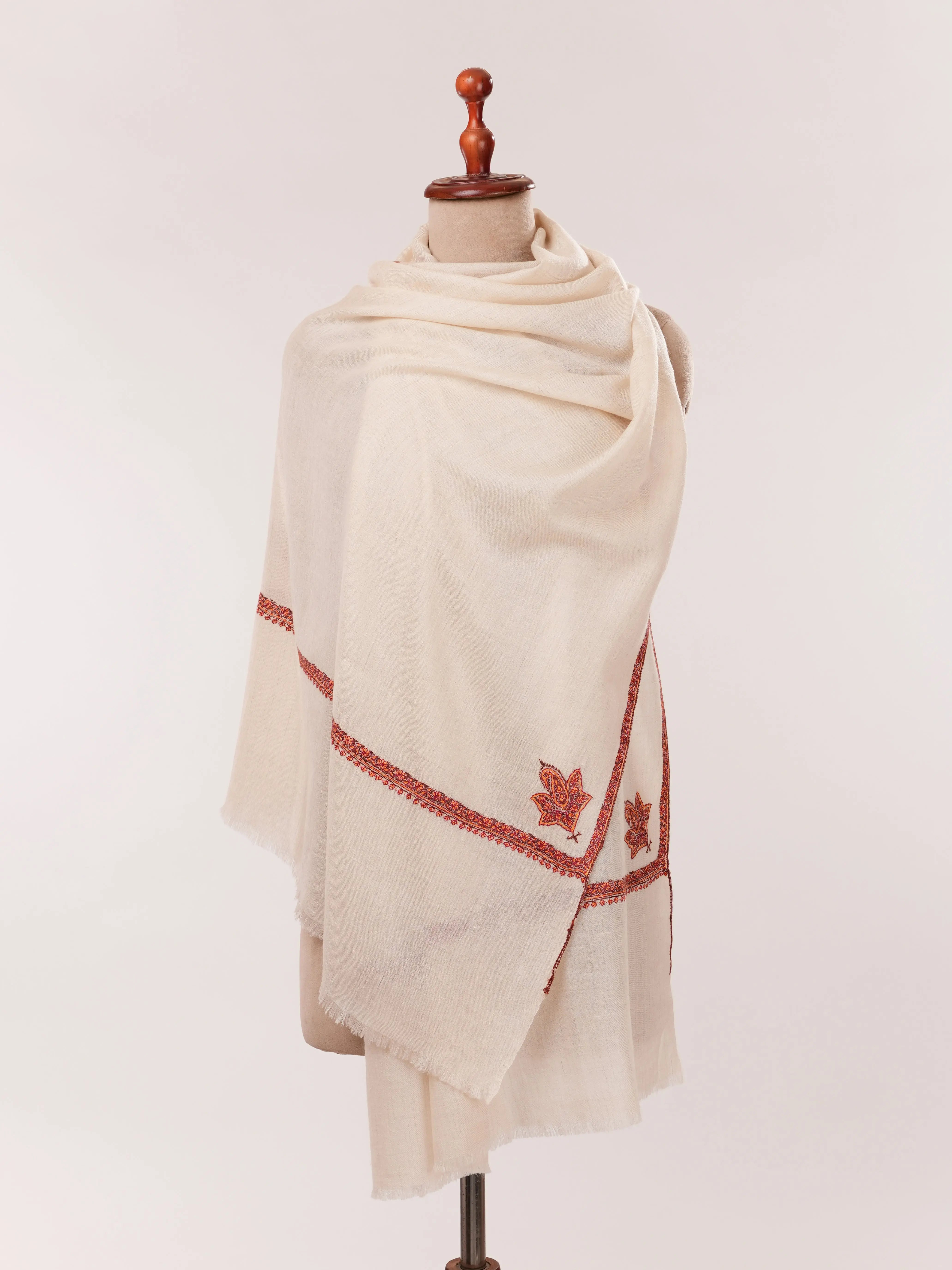 Natural Off White Bail Hand Embroidered Cashmere Scarf Shahkaar.com