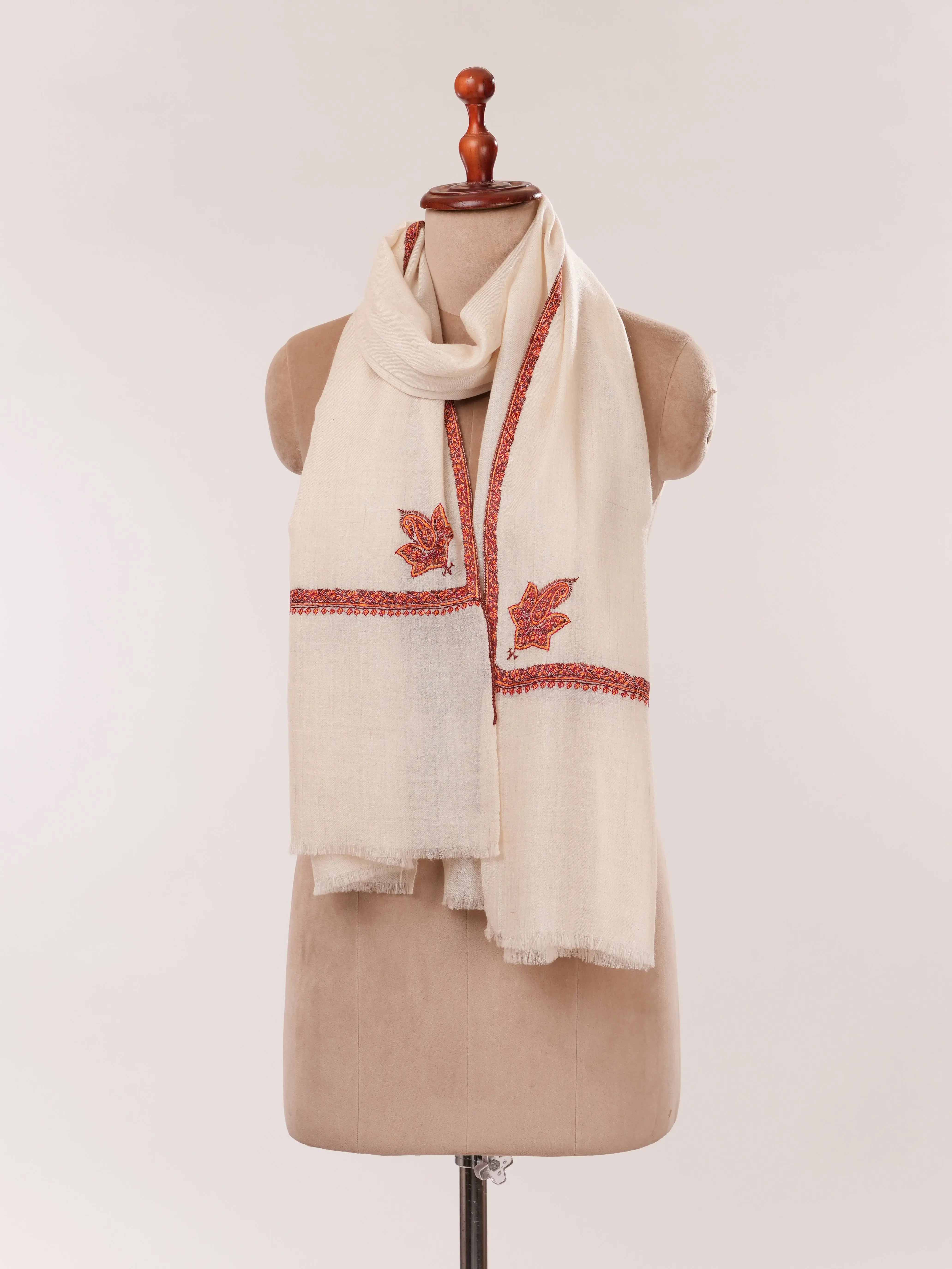 Natural Off White Bail Hand Embroidered Cashmere Scarf Shahkaar.com