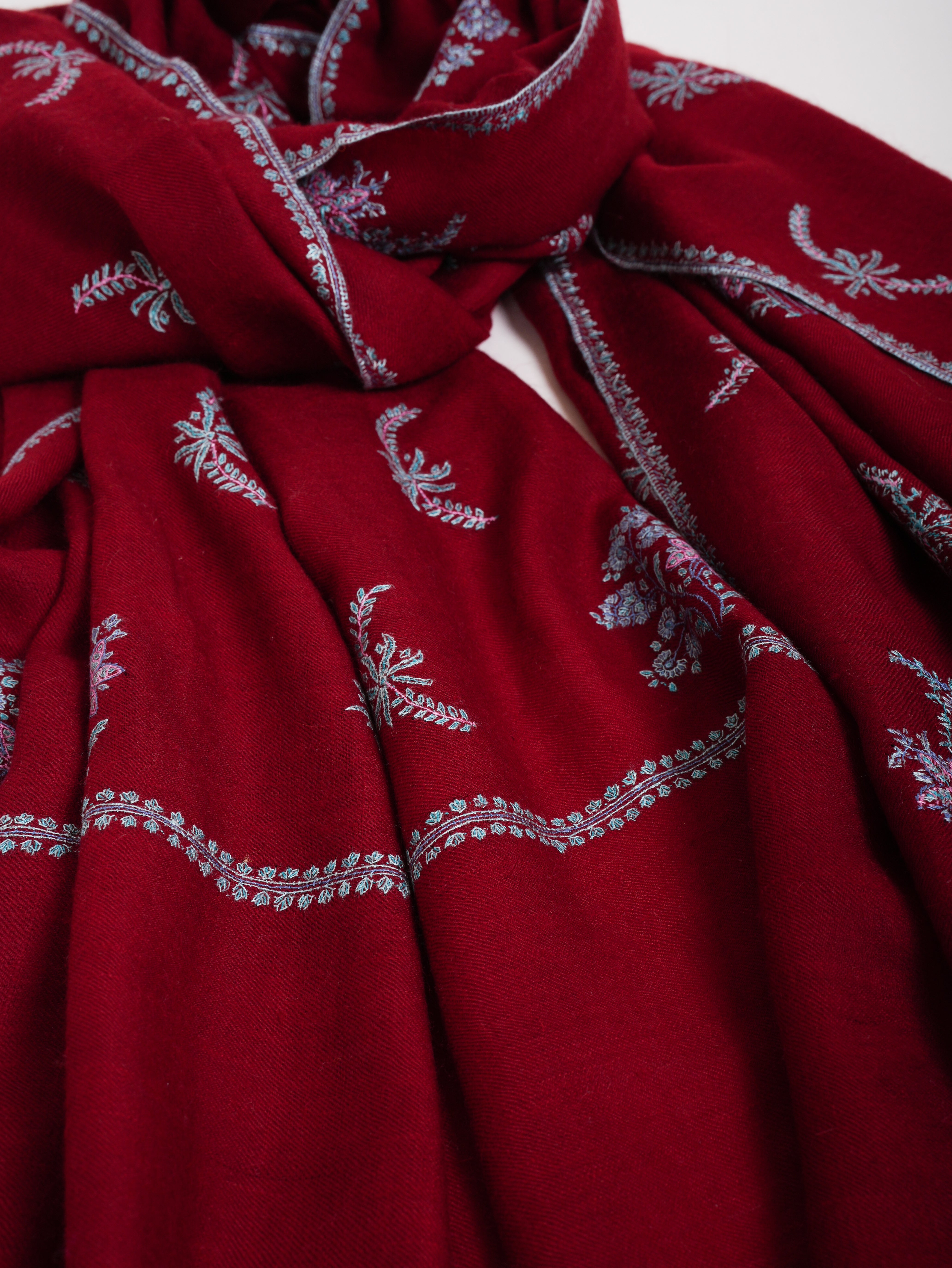 Booti Sozni Embroidered Red Kashmiri Pashmina Shawl