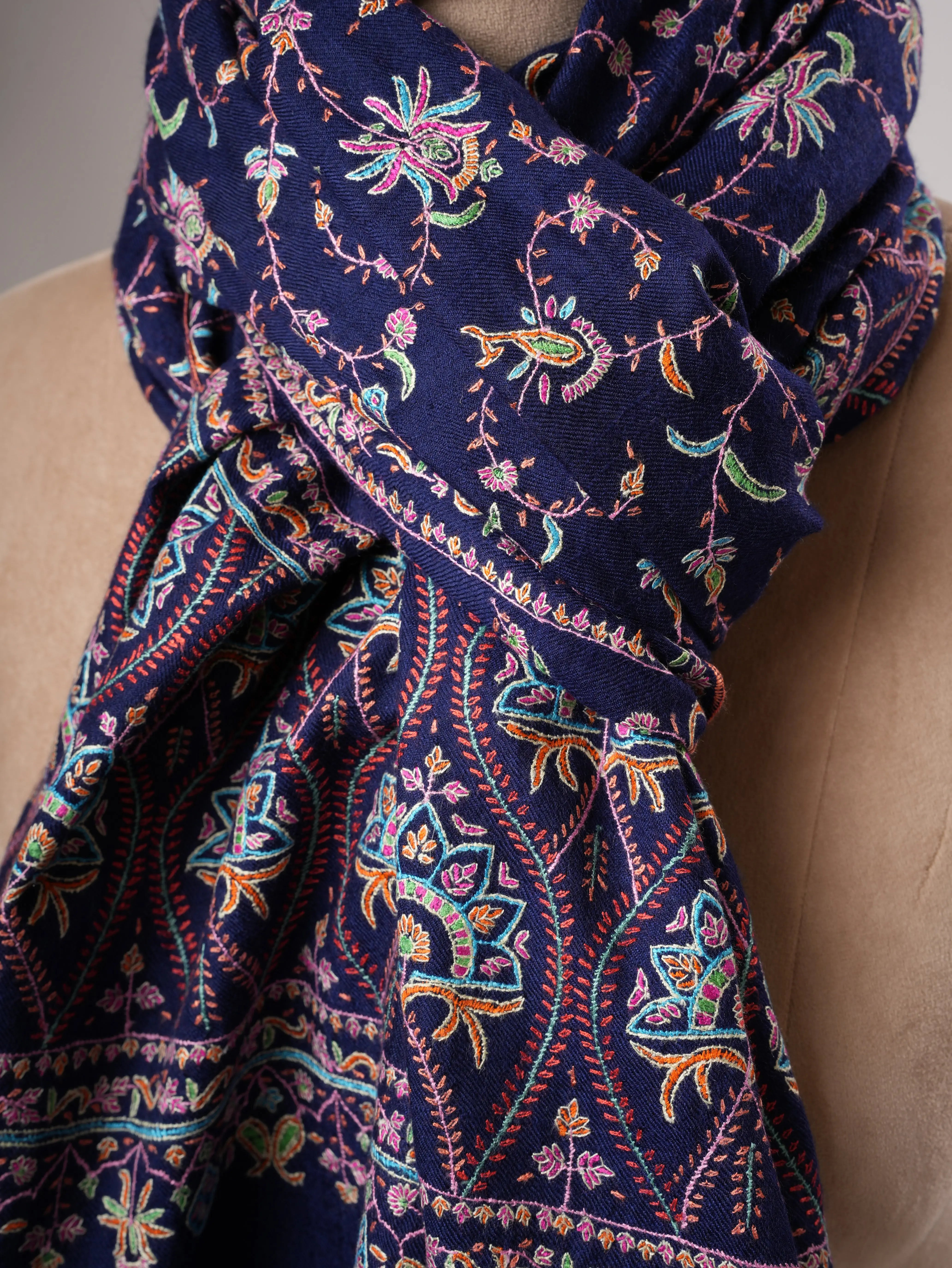 Navy Blue Soft Luxurious Kashmiri Pashmina Shawl with Fine Hand Embroidery Shahkaar