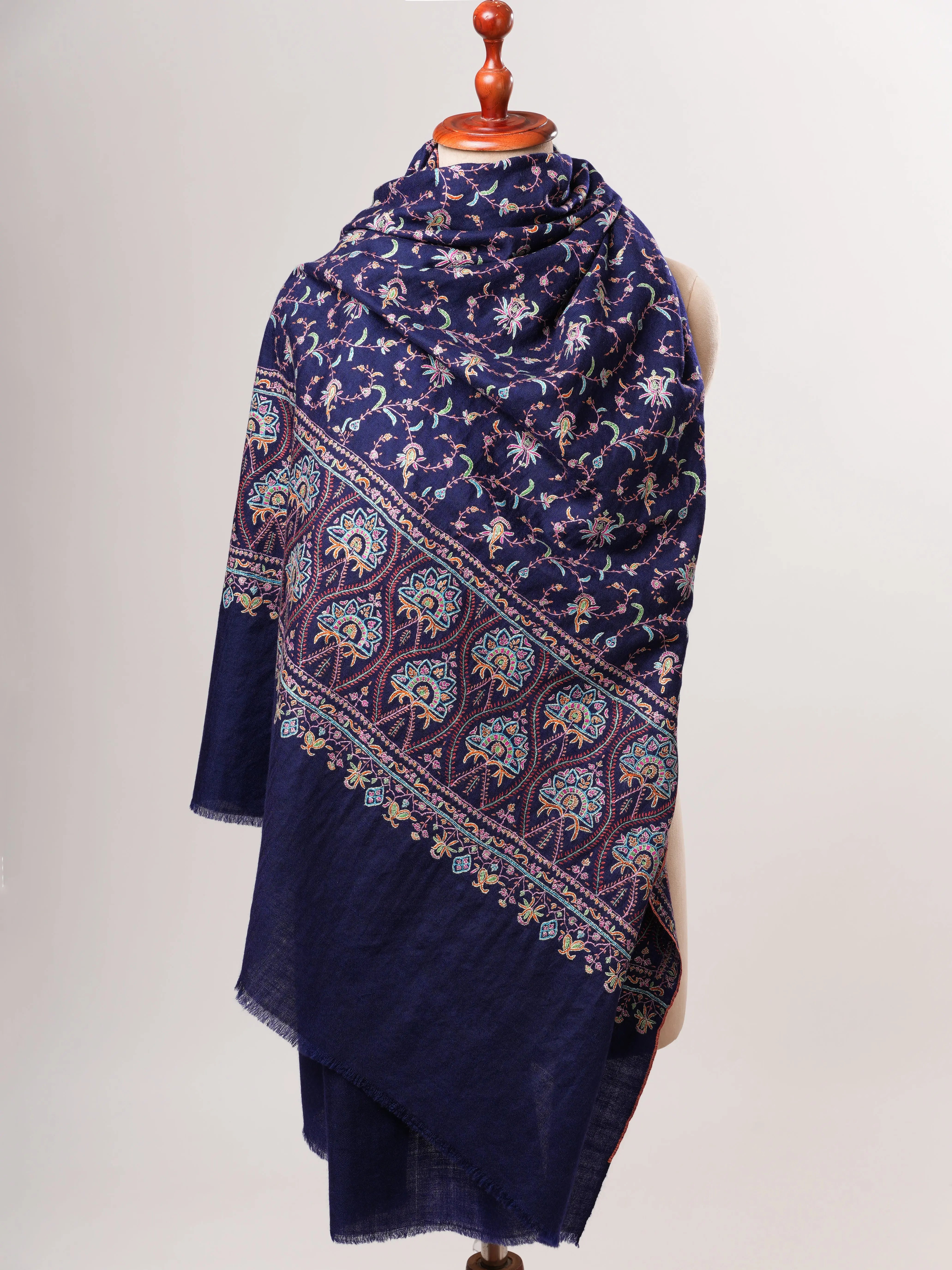 Navy Blue Soft Luxurious Kashmiri Pashmina Shawl with Fine Hand Embroidery Shahkaar