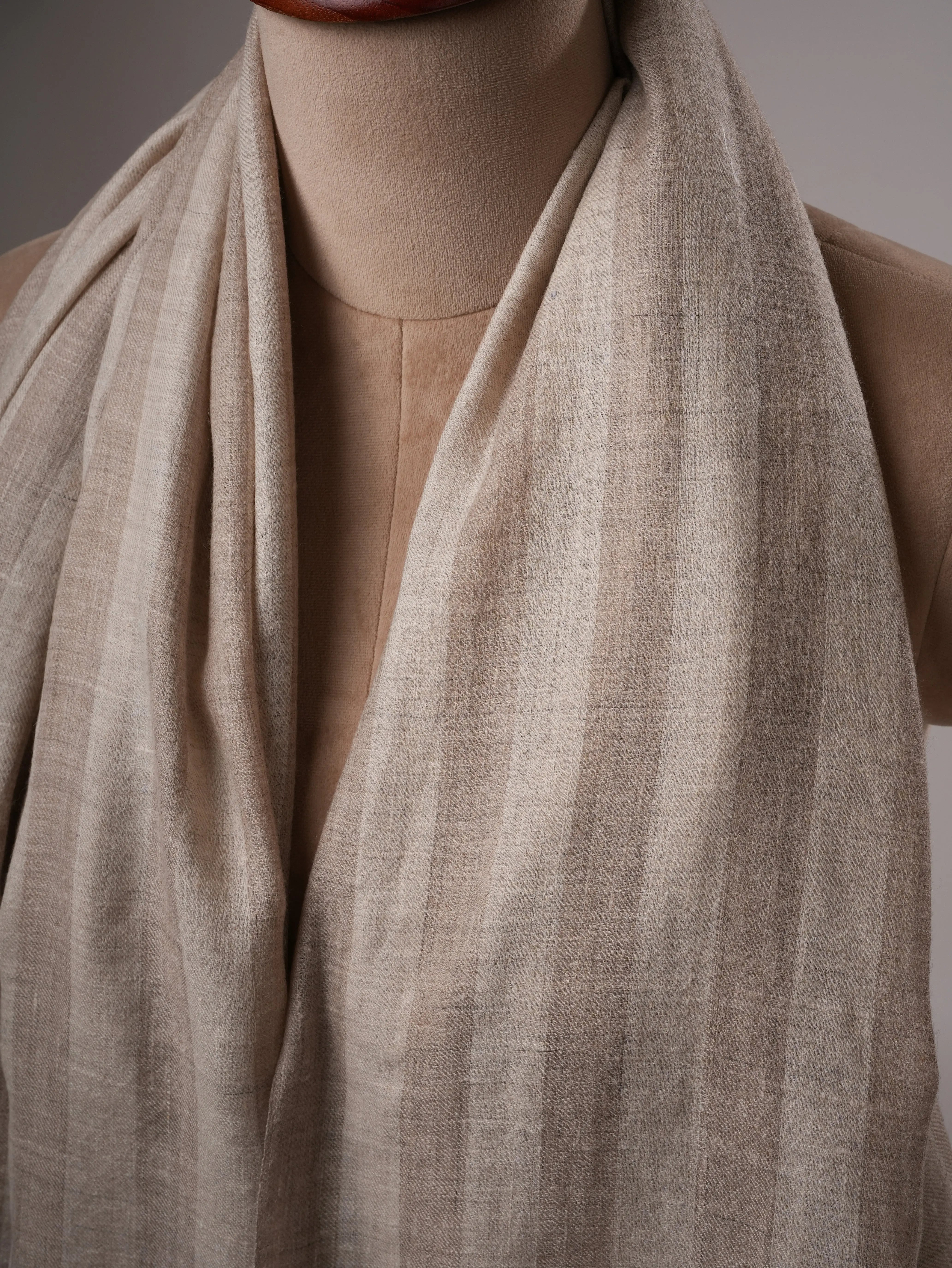 Feather Soft Grey and Ivory Striped Handloom Pashmina Shawl Shahkaar