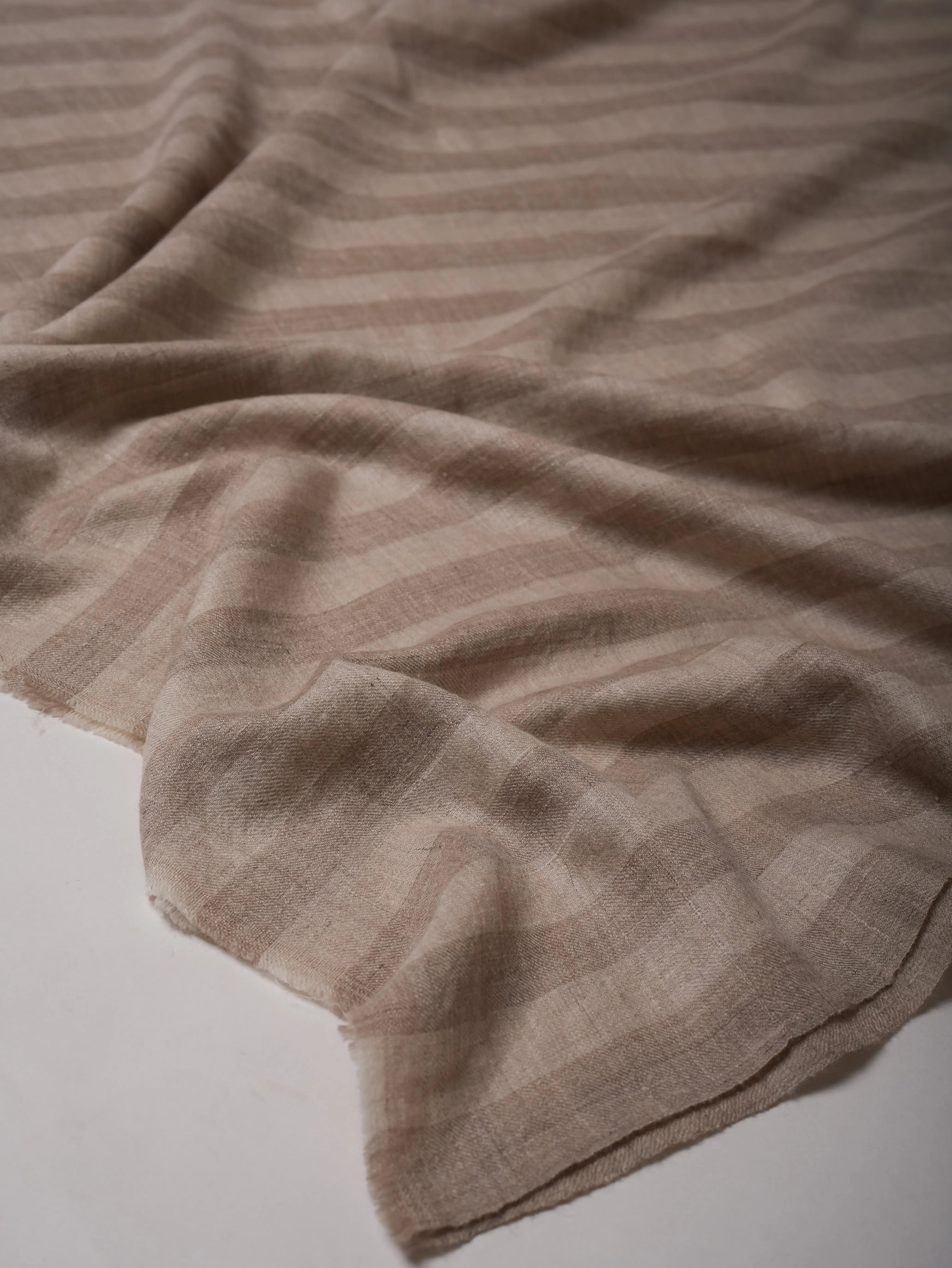 Feather Soft Grey and Ivory Striped Handloom Pashmina Shawl Shahkaar