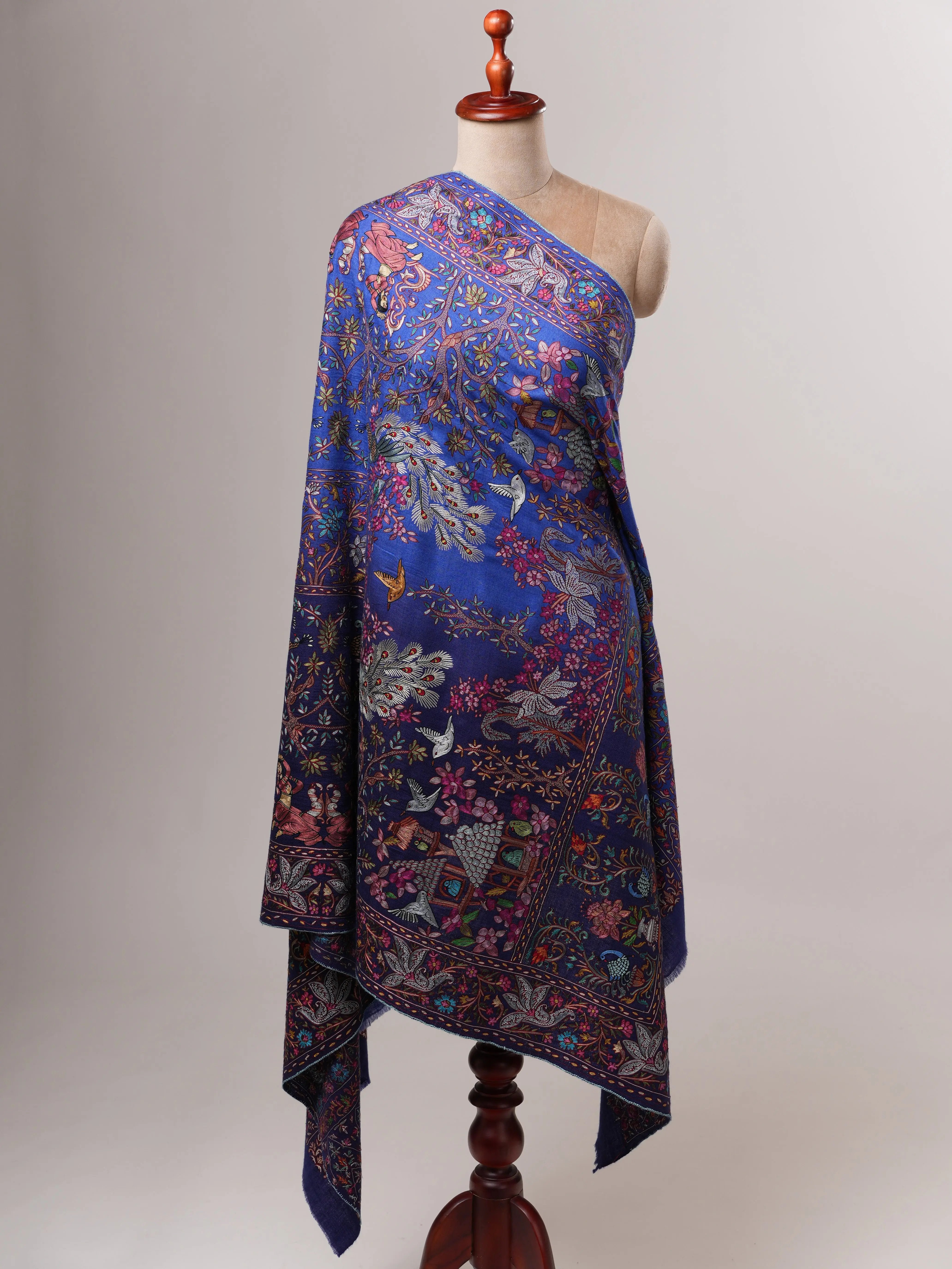 Blue Hand Embroidered Ombré Kashmiri Pashmina Shawl Shahkaar