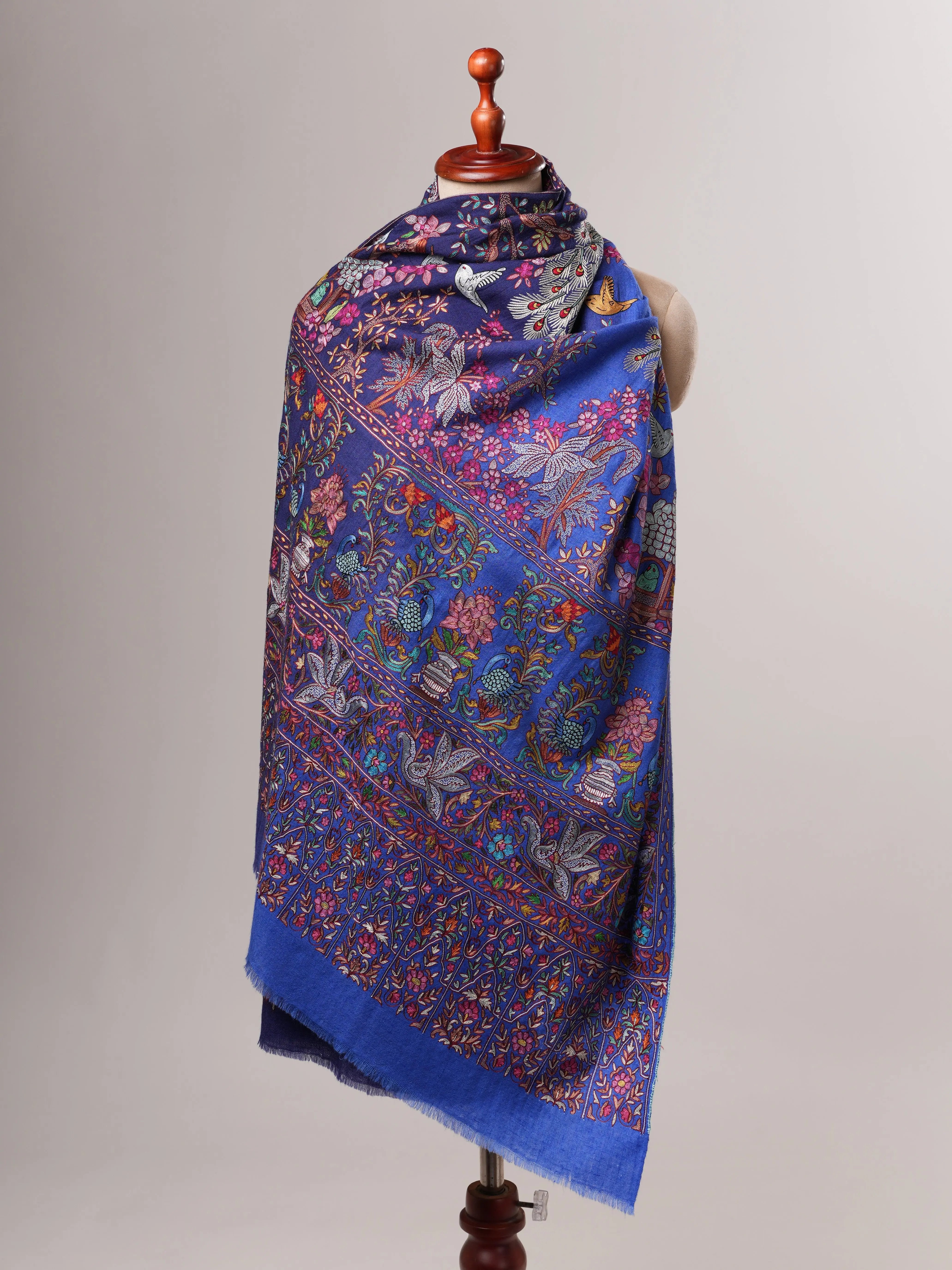 Blue Hand Embroidered Ombré Kashmiri Pashmina Shawl Shahkaar