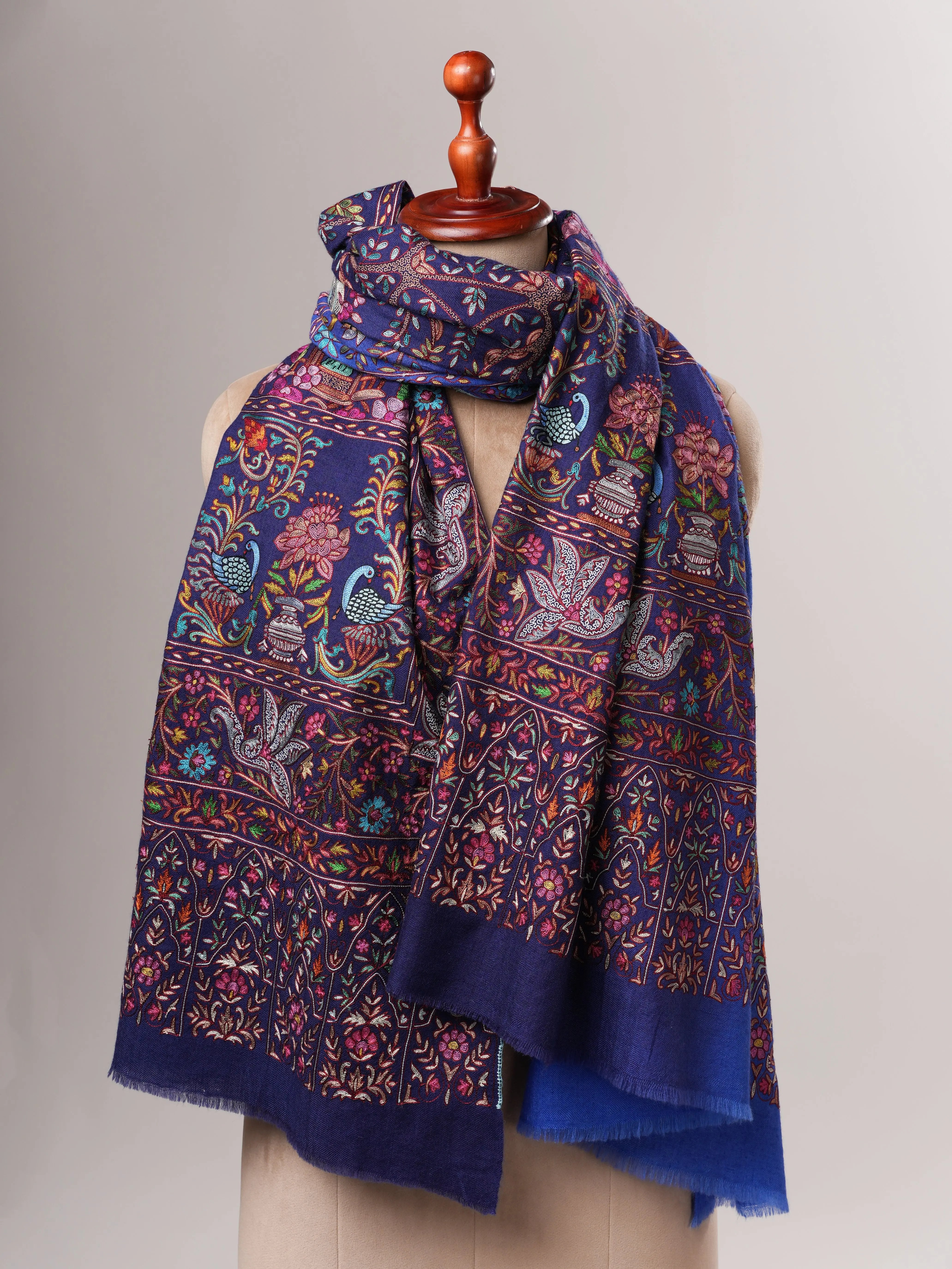 Blue Hand Embroidered Ombré Kashmiri Pashmina Shawl Shahkaar