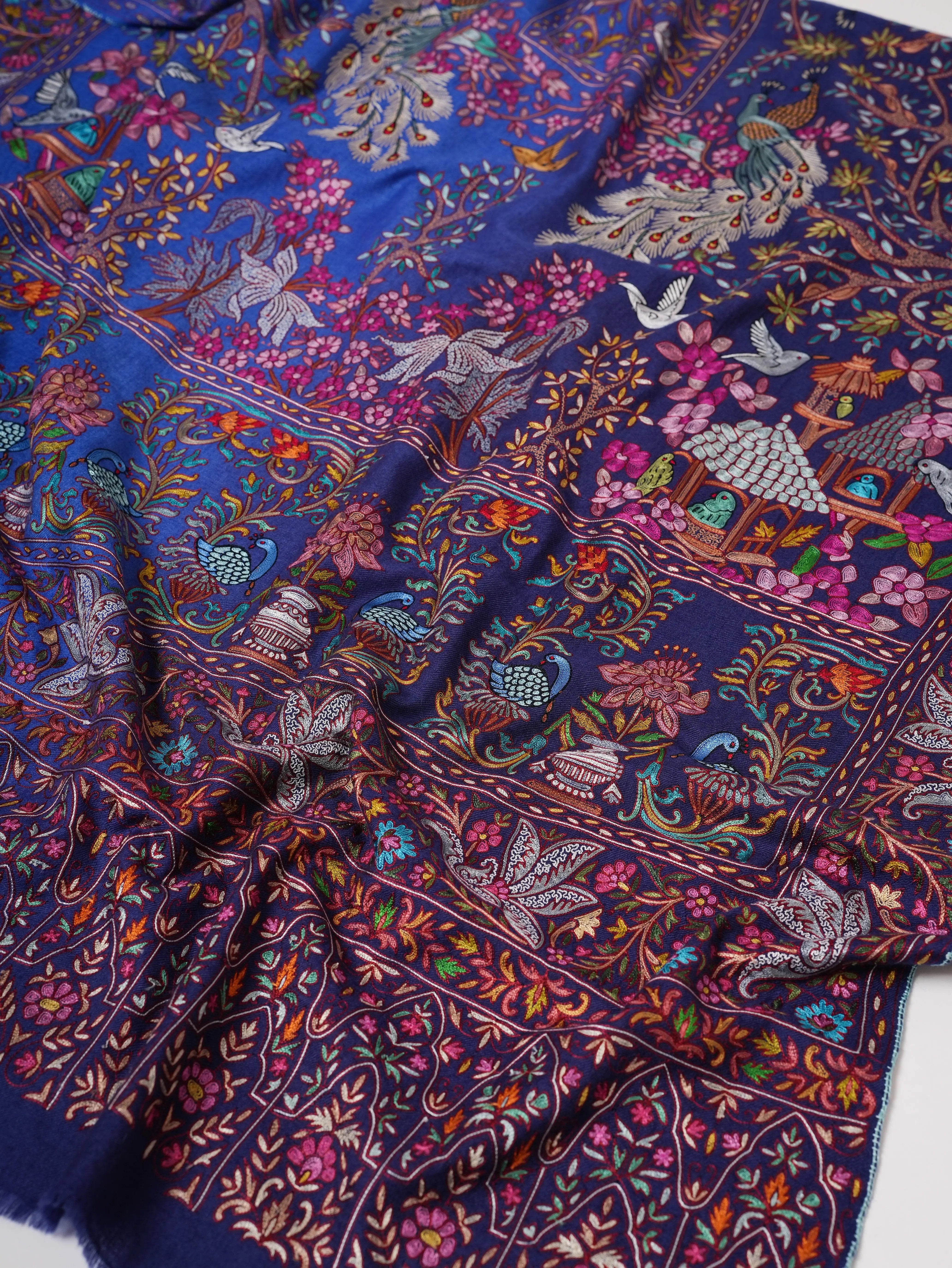 Blue Hand Embroidered Ombré Kashmiri Pashmina Shawl Shahkaar