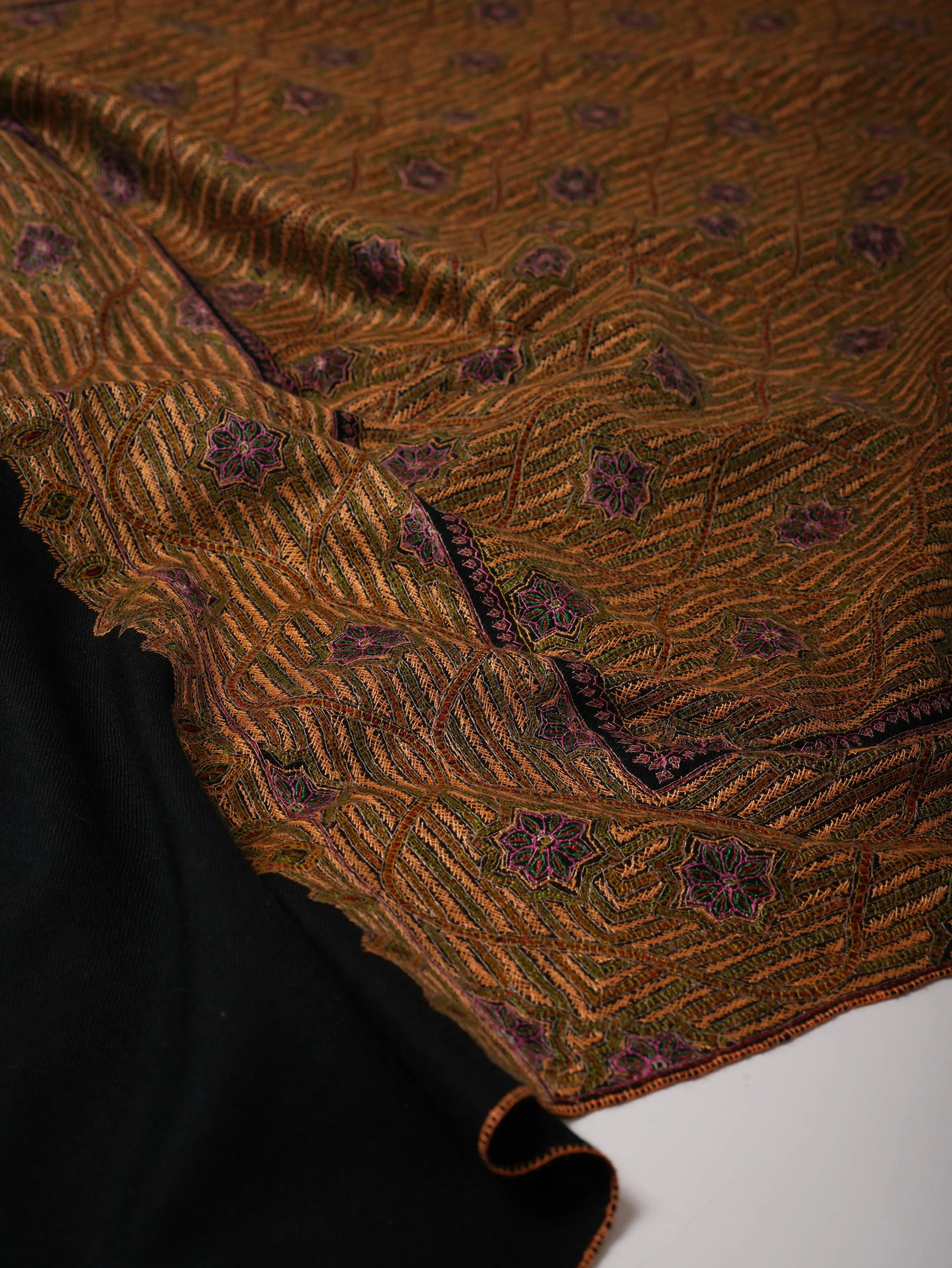 Classic Black Fine Wool Shawl with Traditional Jamavar Embroidery Shahkaar